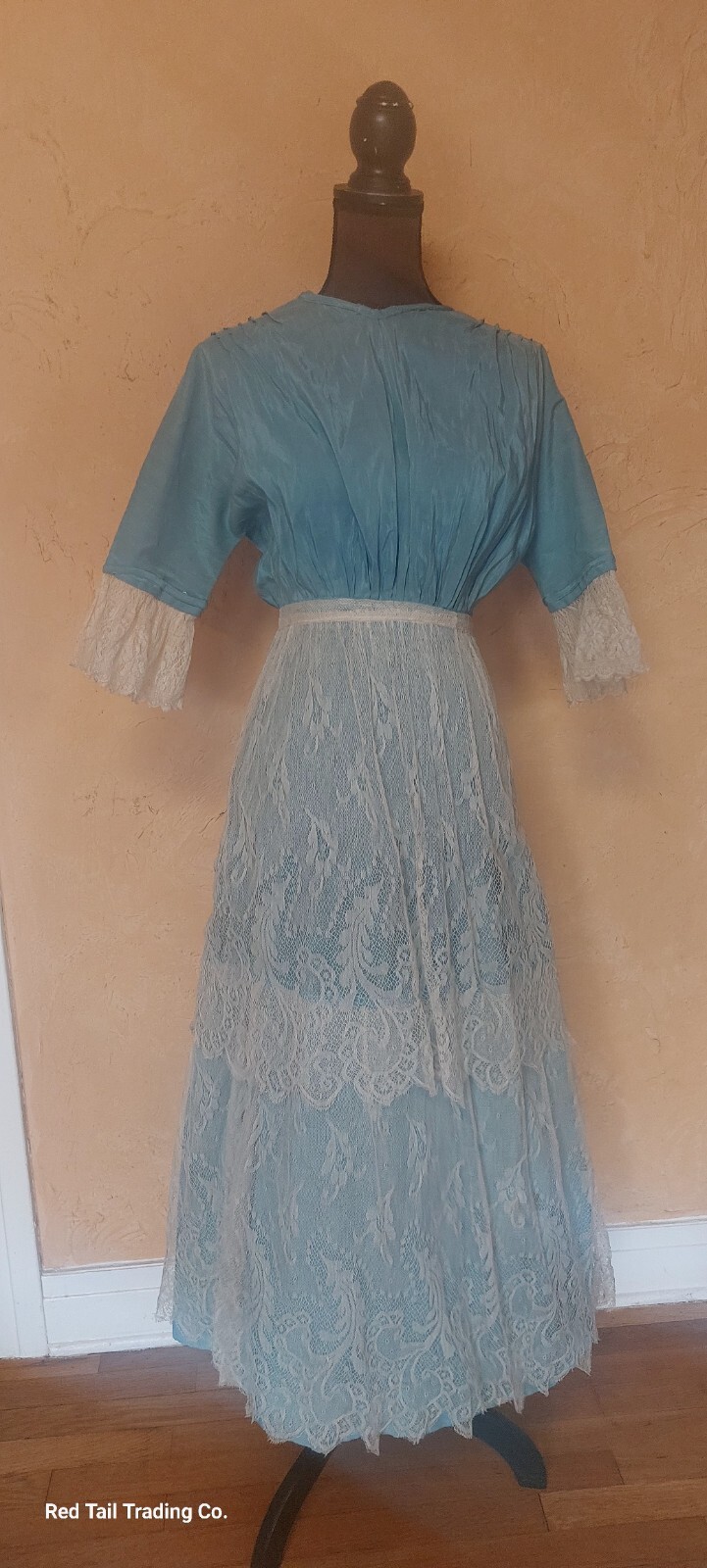 Beautiful Edwardian Teal Silk Dress W/ Intricate Lace Overlay And Sleeves Sm