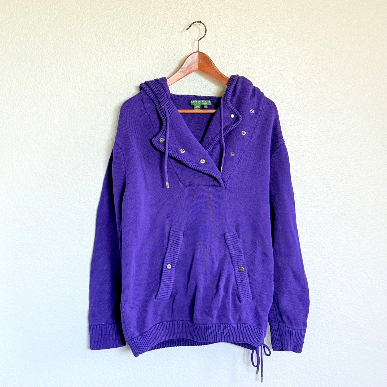 VTG Preppy Old Money LRL Ralph Lauren Hooded Knit Sweater Purple 100% Cotton XL