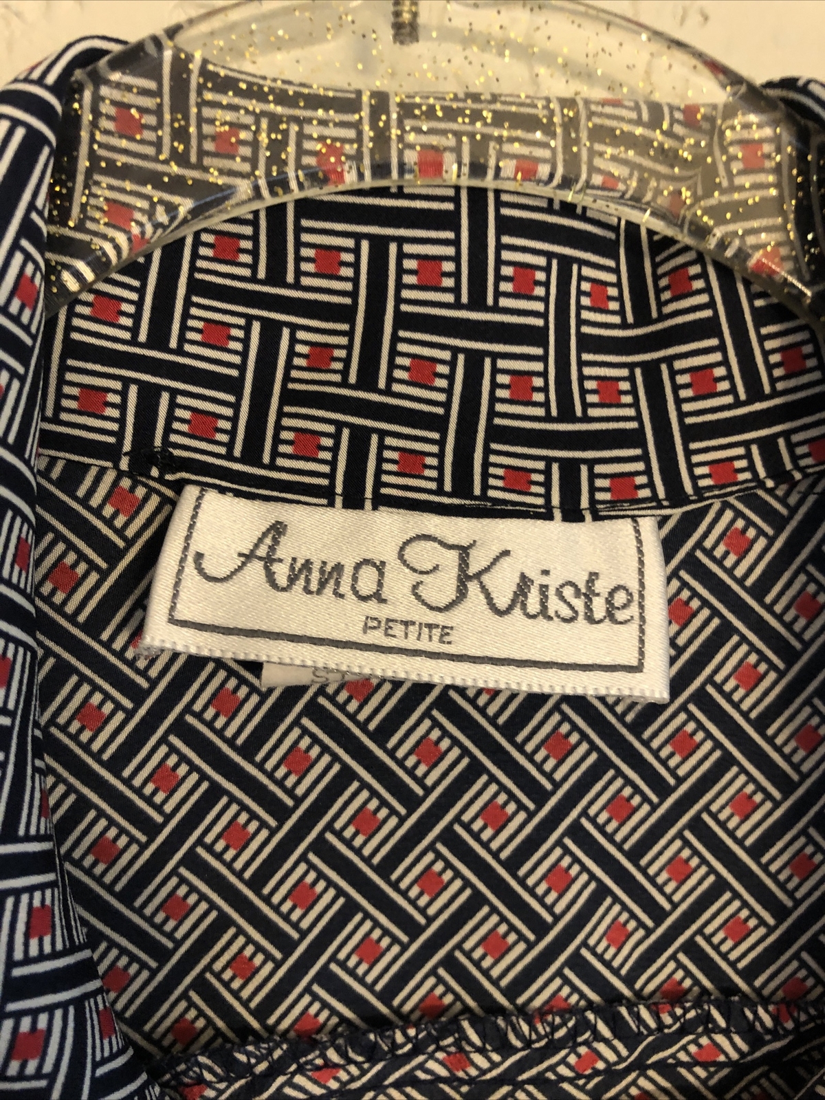 vintage anna kristie small S geometric wide collar 60s mod 70s disco shirt blue