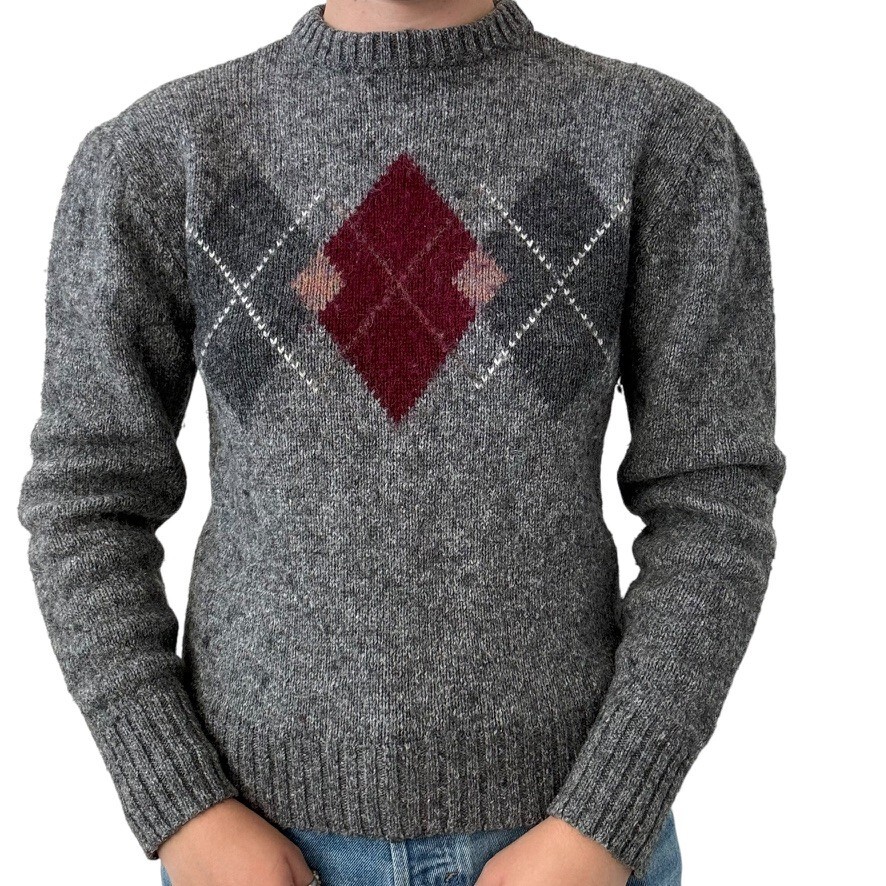 Vintage 1970s McGregor Gray Womens Argyle Preppy Wool Blend Sweater Sz M