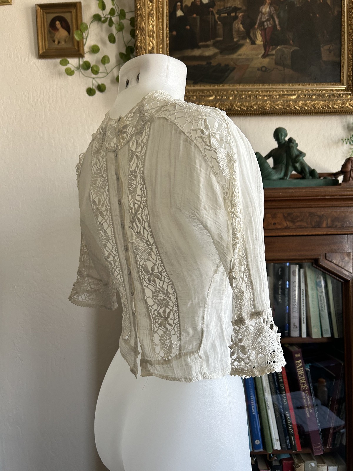 Antique Victorian Edwardian White Lace Gauze Blouse Crochet Insert Cottagecore S