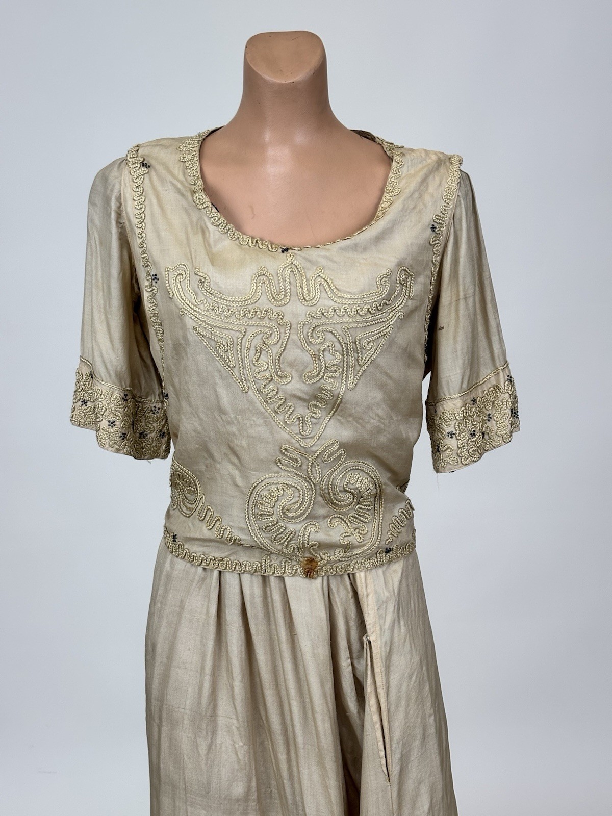 Antique Edwardian 1910s Beige Silk Day Dress Cording Blue Beads Wrap Bodice