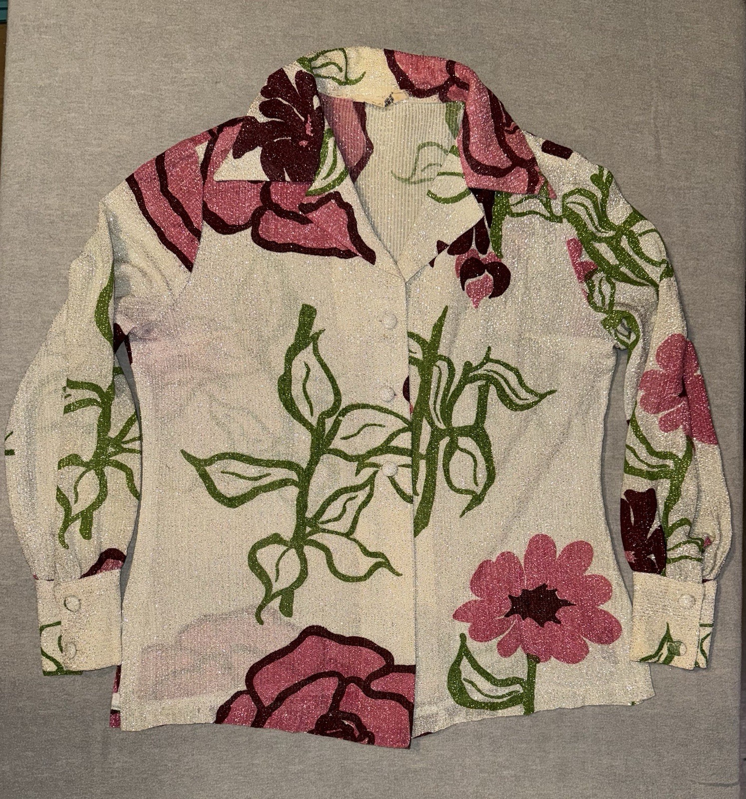 Vintage 70s Nelly de Grab NY Lurex Metallic Floral Disco Blouse Womens 12 USA
