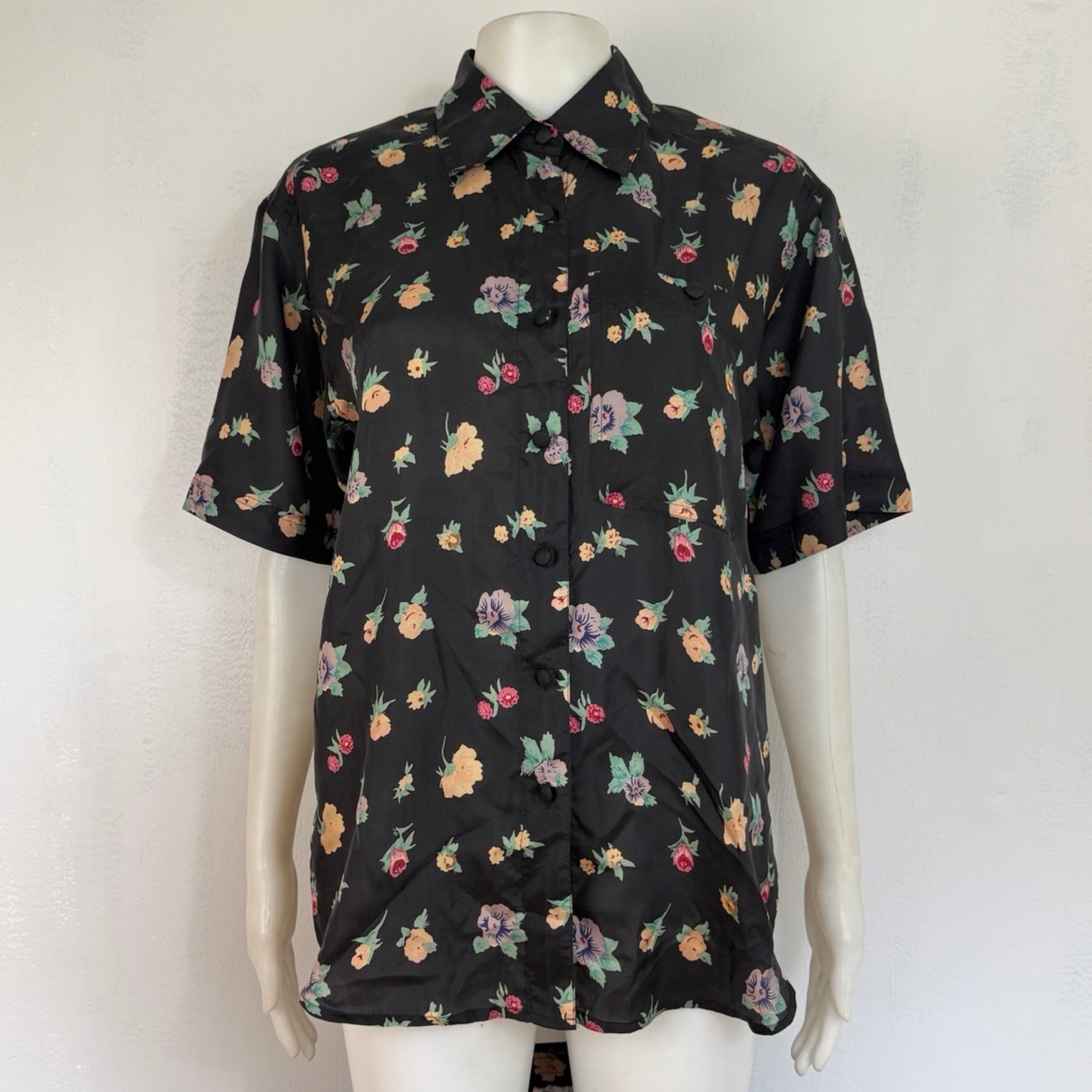 Vintage 100% Silk Floral Skirt Top Set Size Small Black Two Piece Midi Outfit
