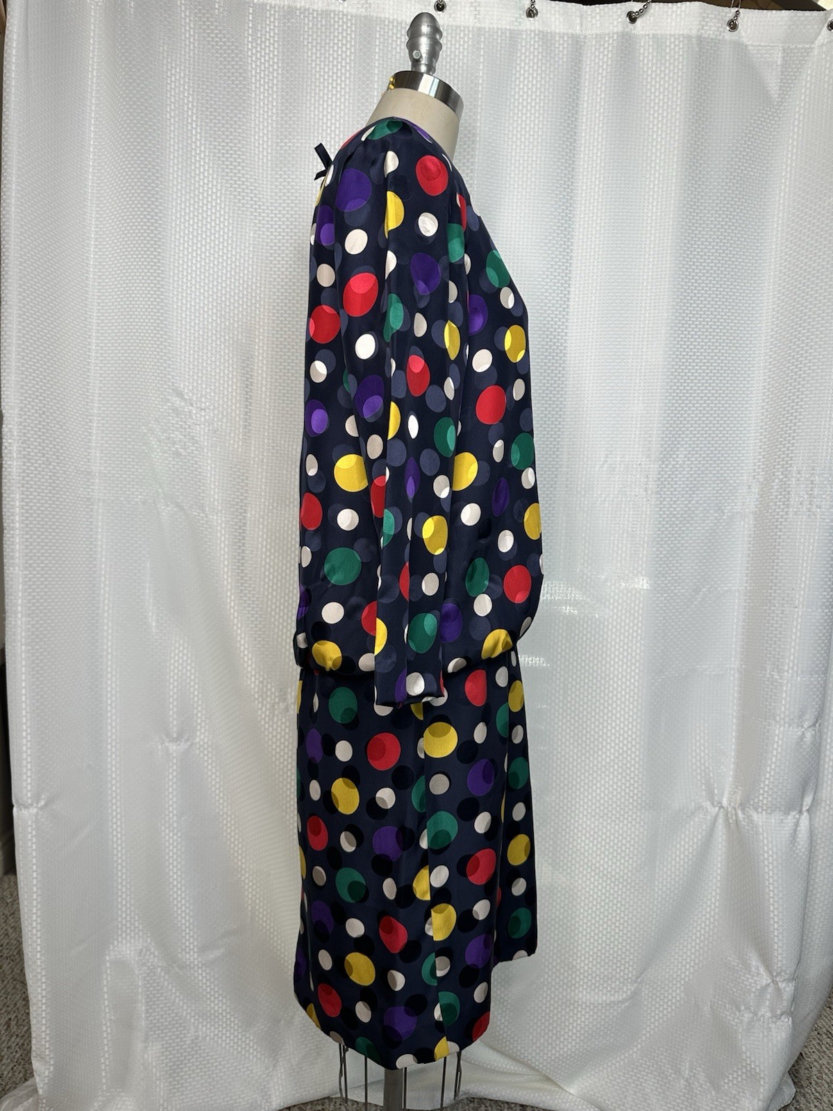 VINTAGE STANLEY SHERMAN SILK POLKA DOT LONG SLEEVE MIDI DRESS MULTICOLOR SIZE 10