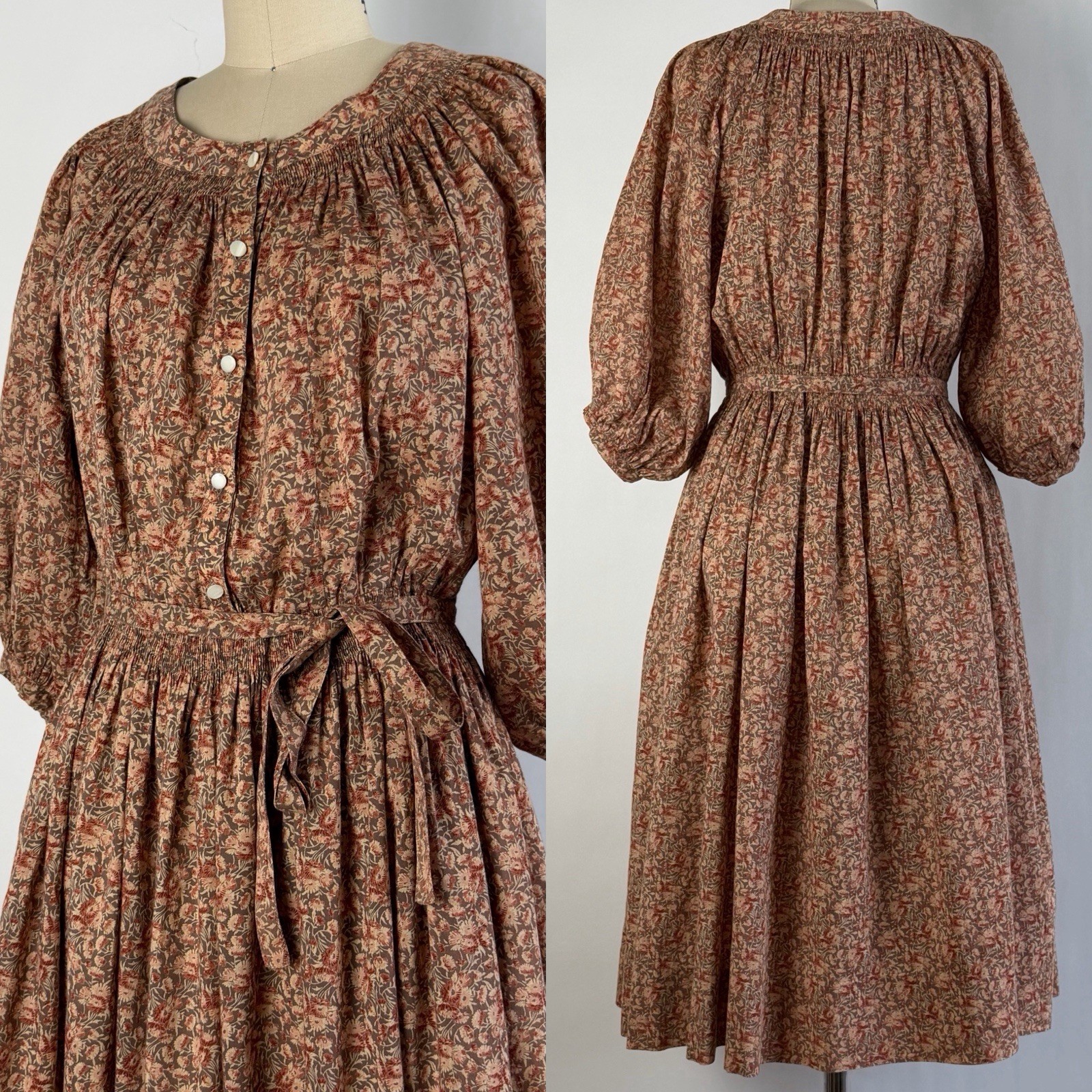 Vintage 70 Renata Paris Smocked Cotton Dress Neutral Floral S/M Made in France