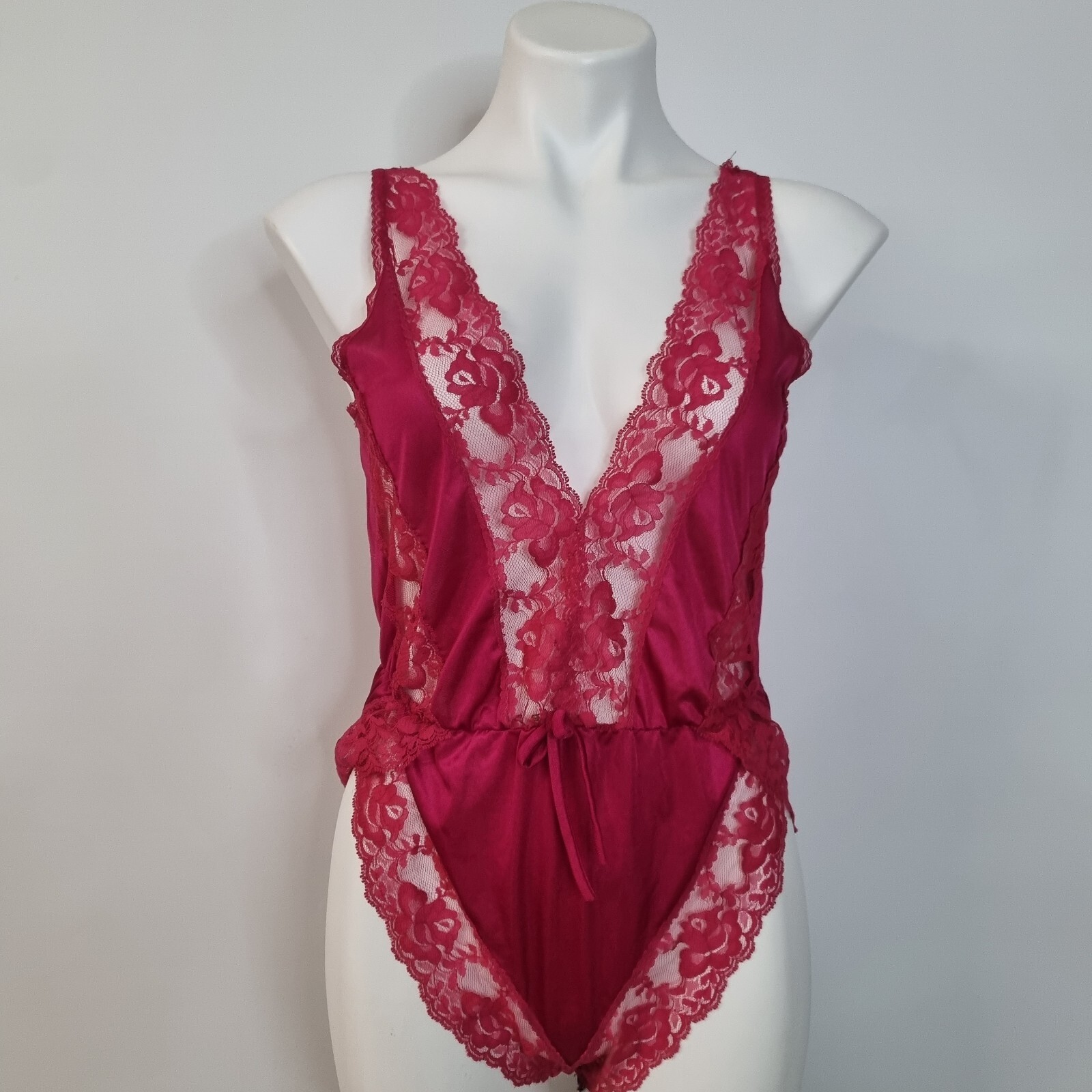 VTG Pink Lace Teddy High Cut Snap Romper Bodysuit Lingerie 90s USA Sz S M