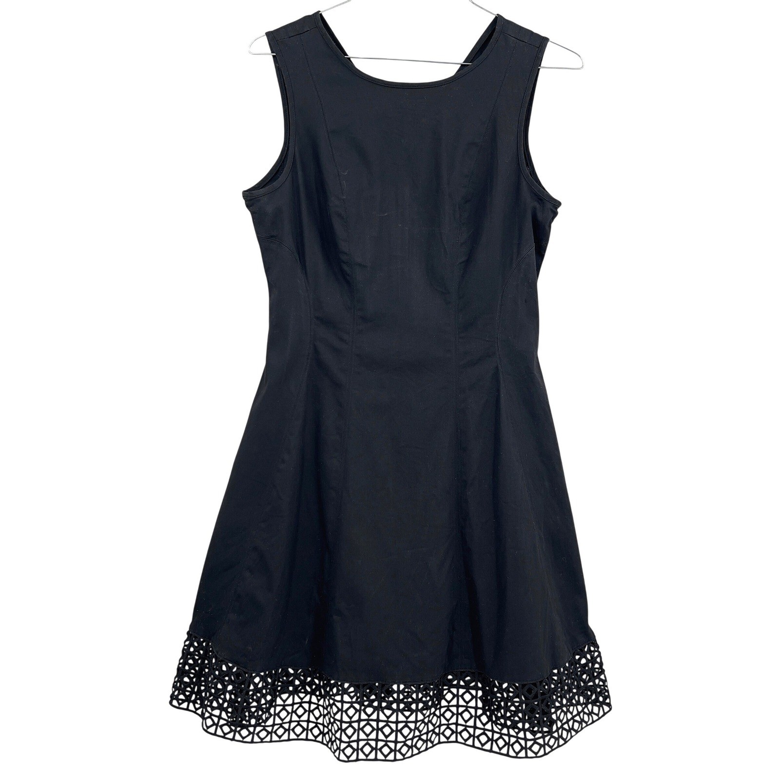 Donna Ricco Black Fit Flare Dress Geometric Laser Cut Eyelet Hem Size 14