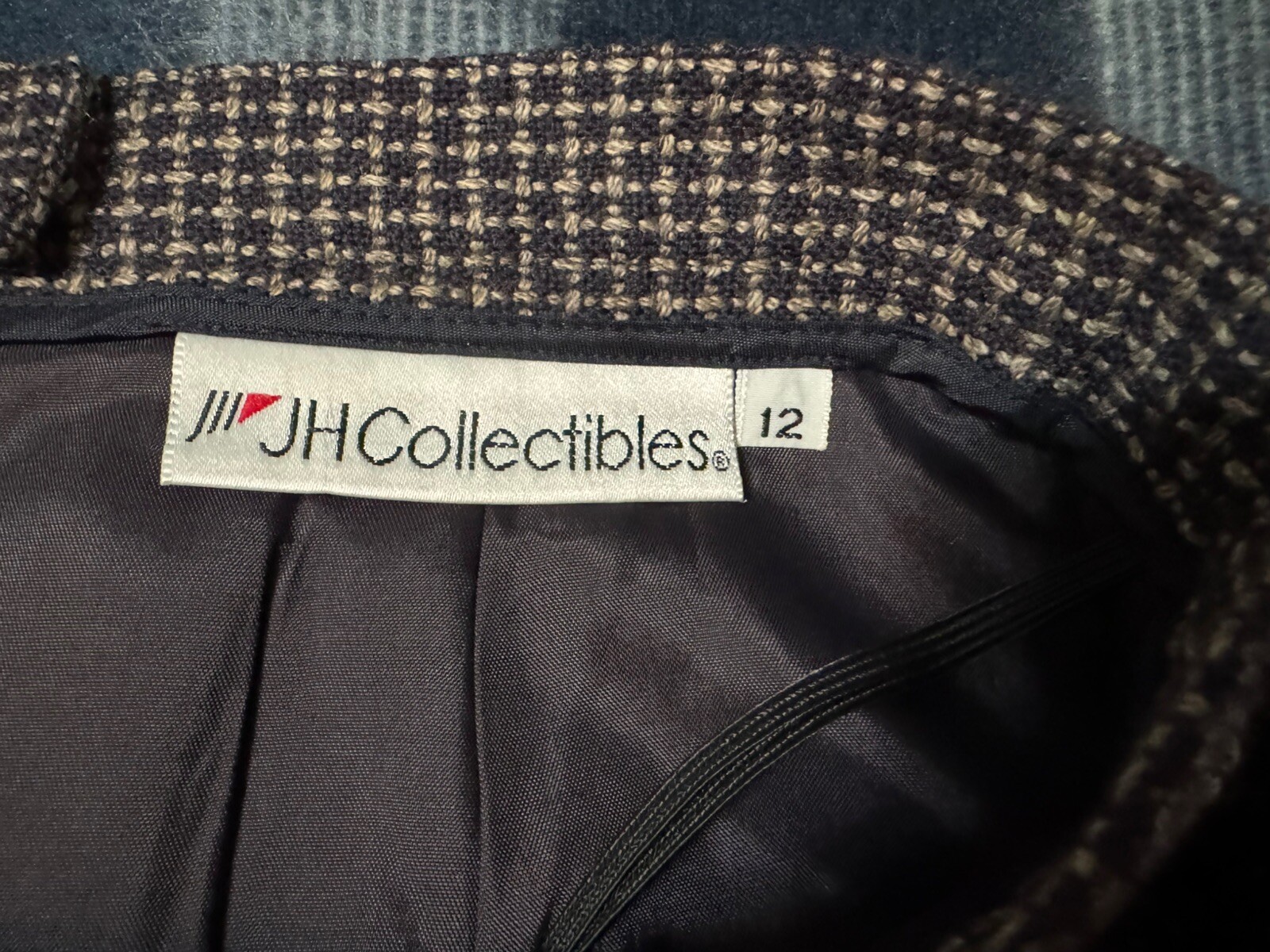 VTG JH Collectibles Plaid Black Skirt SZ12 100% Wool Pleats Back Button Zip DW1