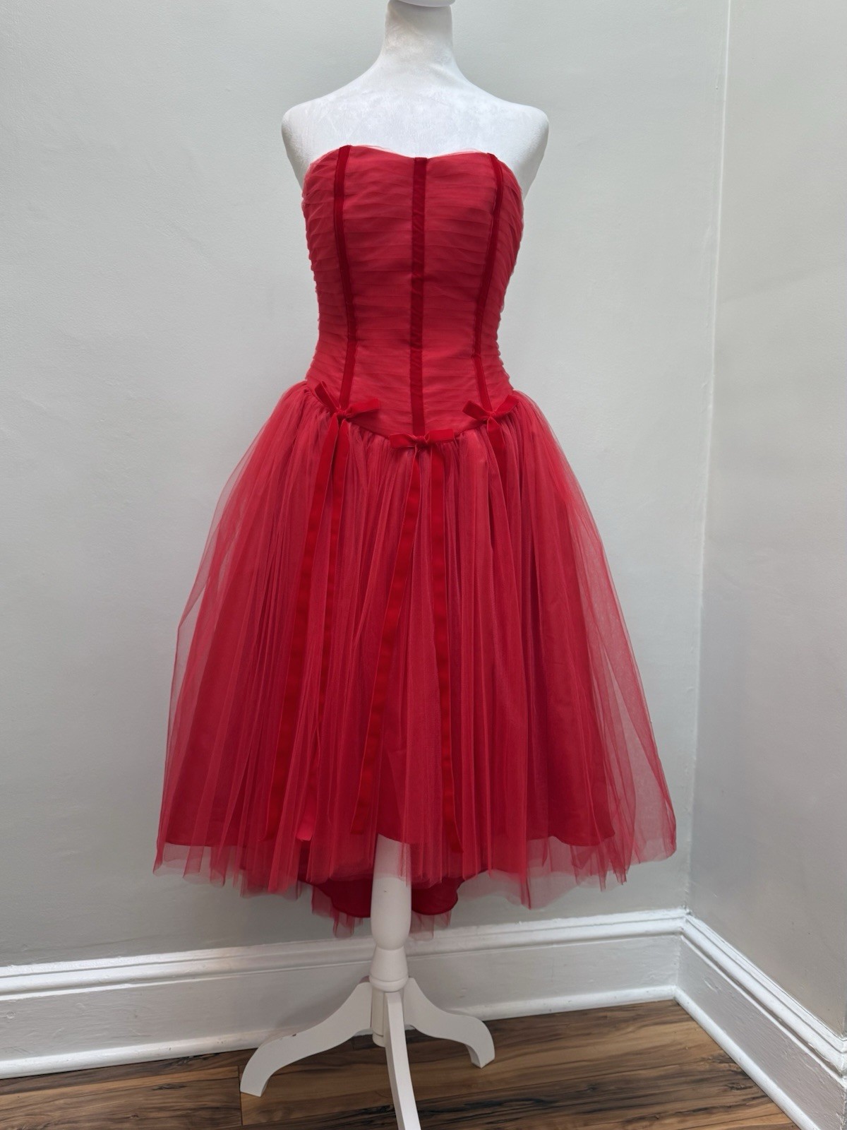 Vtg Red Tulle Poofy Dress Hi Low 50s Style Y2K Party Prom XS/S Christie Helene*