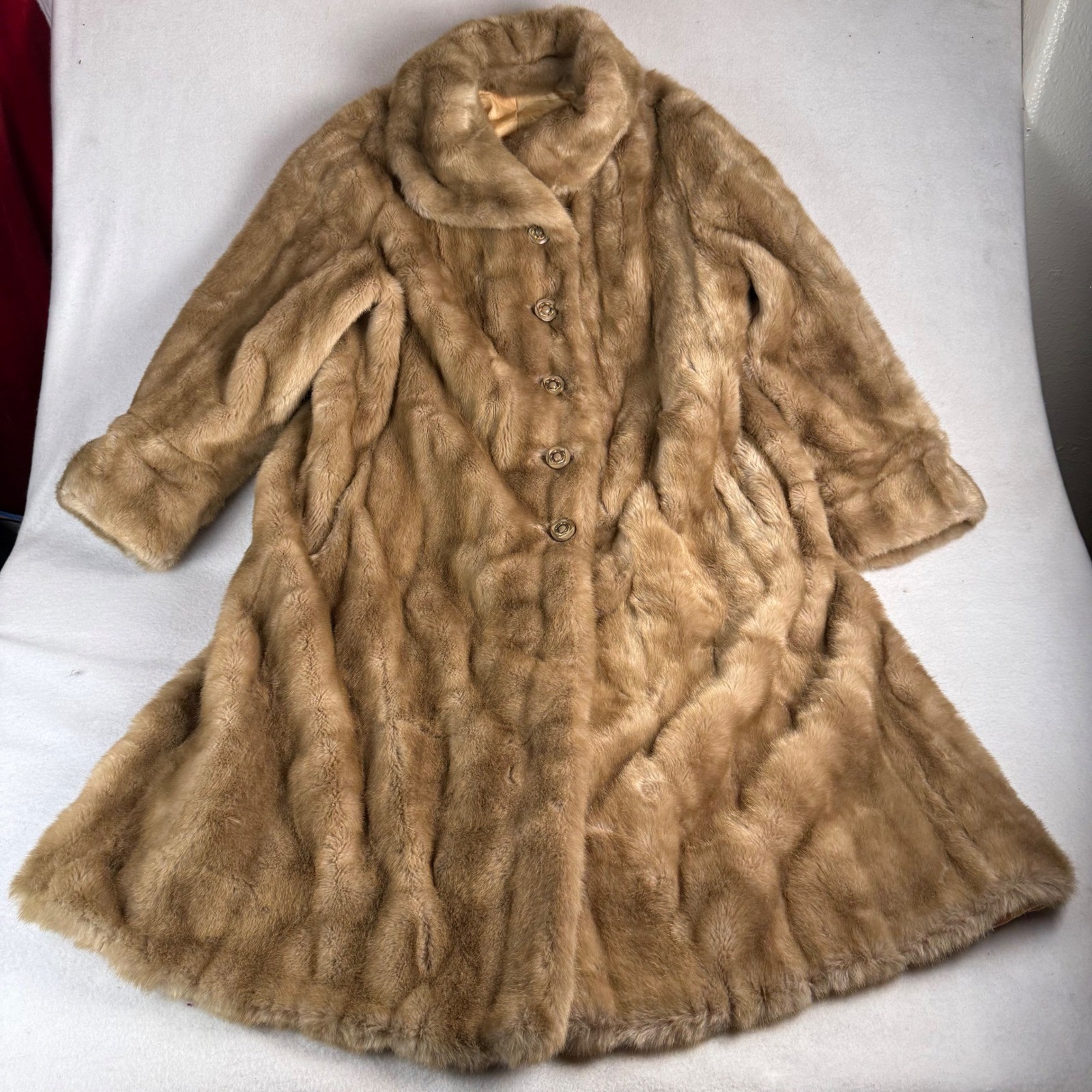 Russel Taylor Mincara Faux Fur Coat Womens Camel Tan Vintage Mid Length