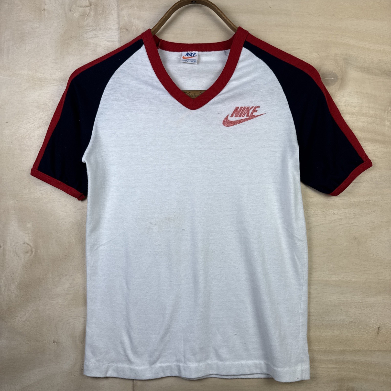 Vintage 70s 80s Nike Spell Out Swoosh Ringer V Neck T Shirt Sportswear Sz Large