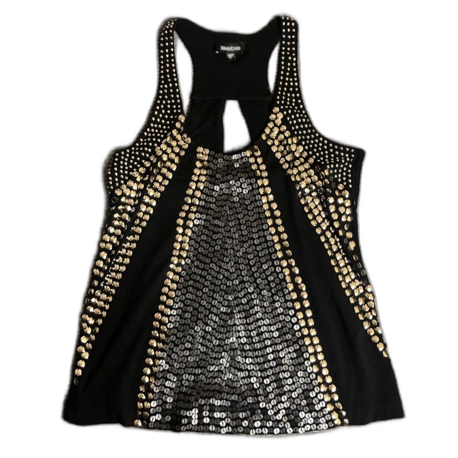 VTG Y2K Bebe Black Tank Top Gold Studded Embellished Keyhole Back Clubwear Sz S
