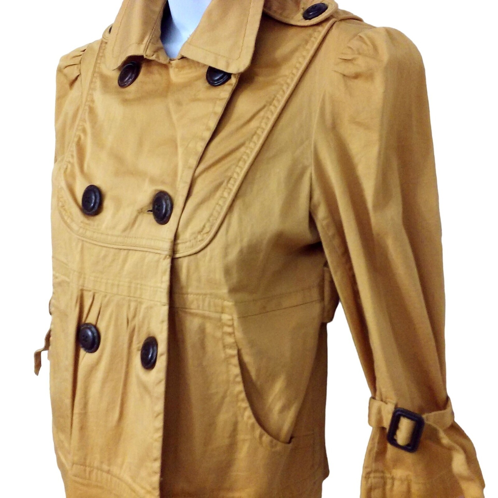 Vintage 90s American Rag Pea Coat Crop Jacket -S Pockets Buttons Safari Mustard