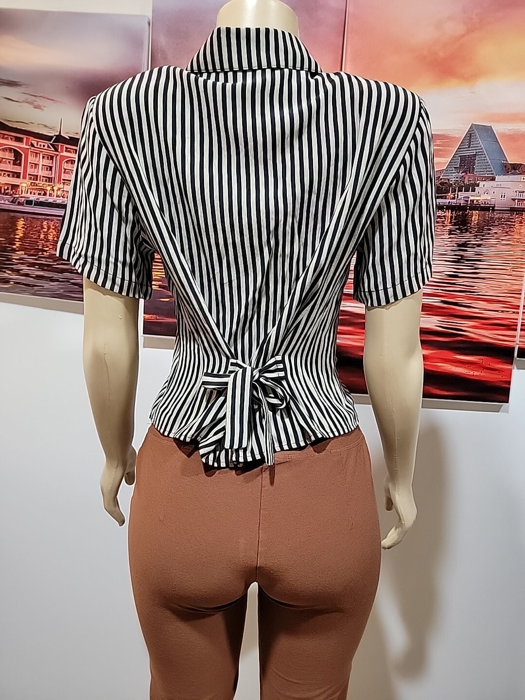 VTG 80 CAMILLE CLAUDEL Petites P.M Striped Button Up Cropped Top Shirt Blouse #C