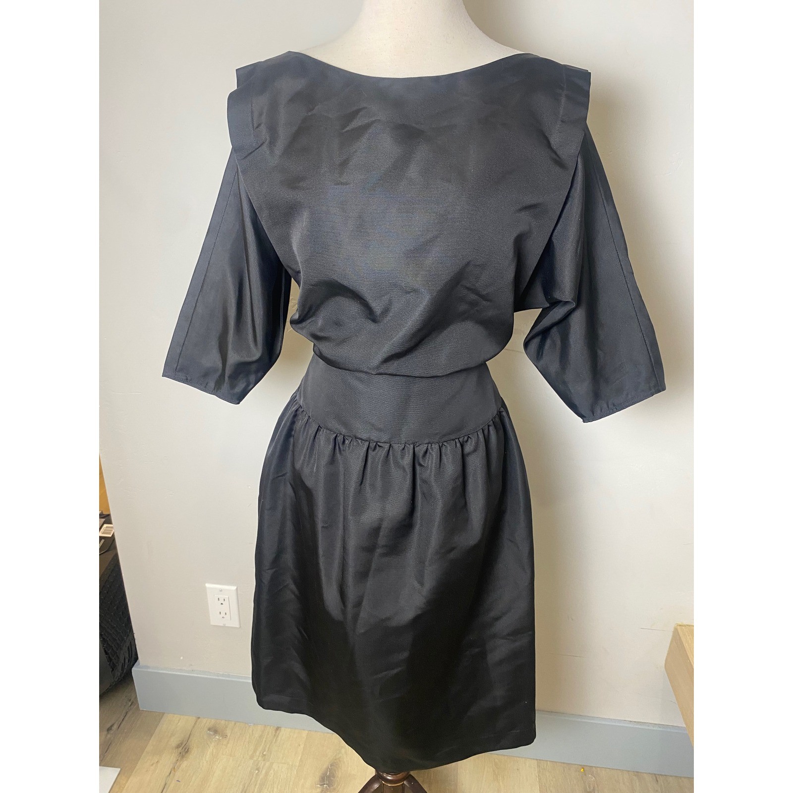 Vintage 50s 60s Black Satin Cocktail Dress Deep V Back Kimono Sleeve Mid Century