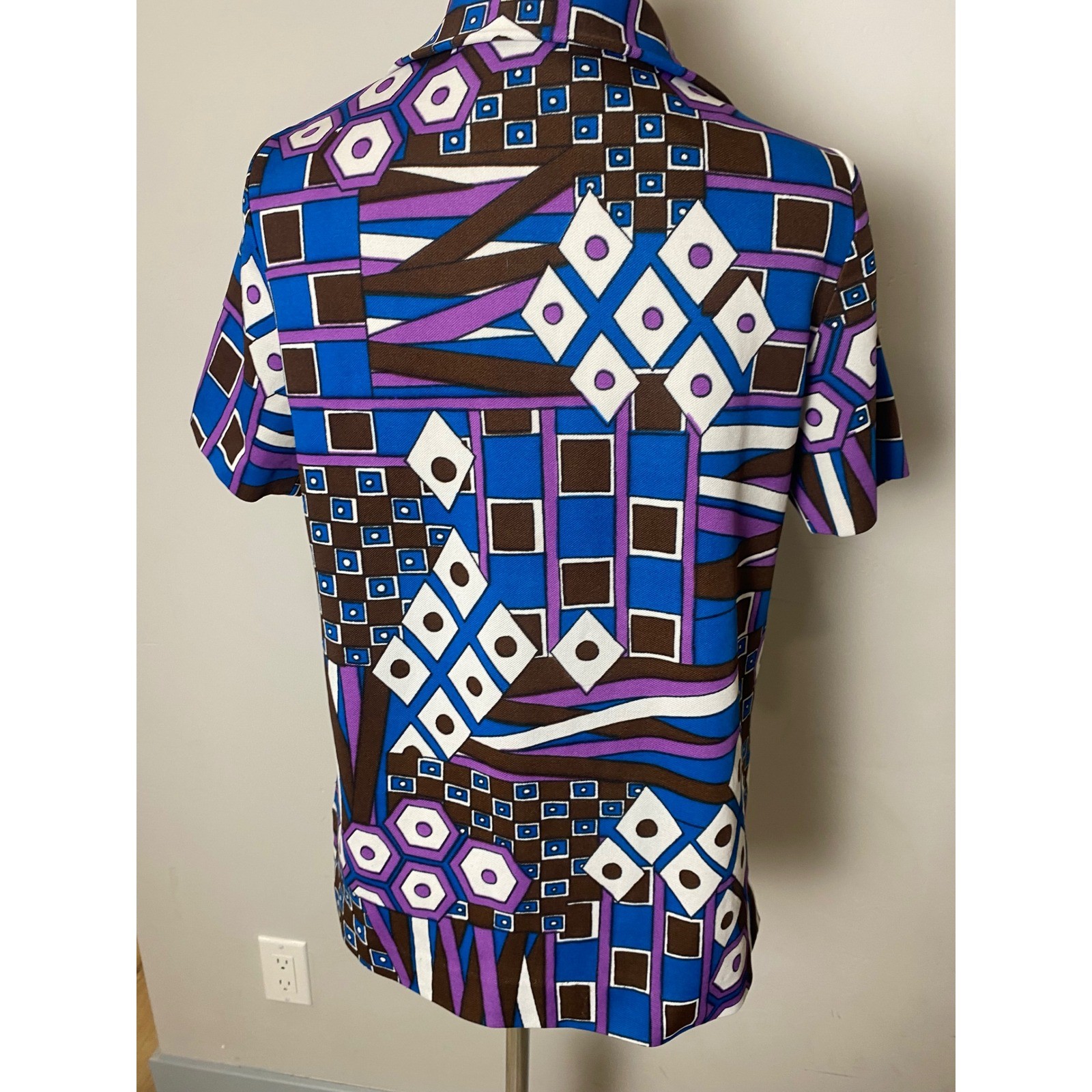 Vintage 60s Abstract Geometric Print Button Down Shirt Blue Purple Mod Top S/M