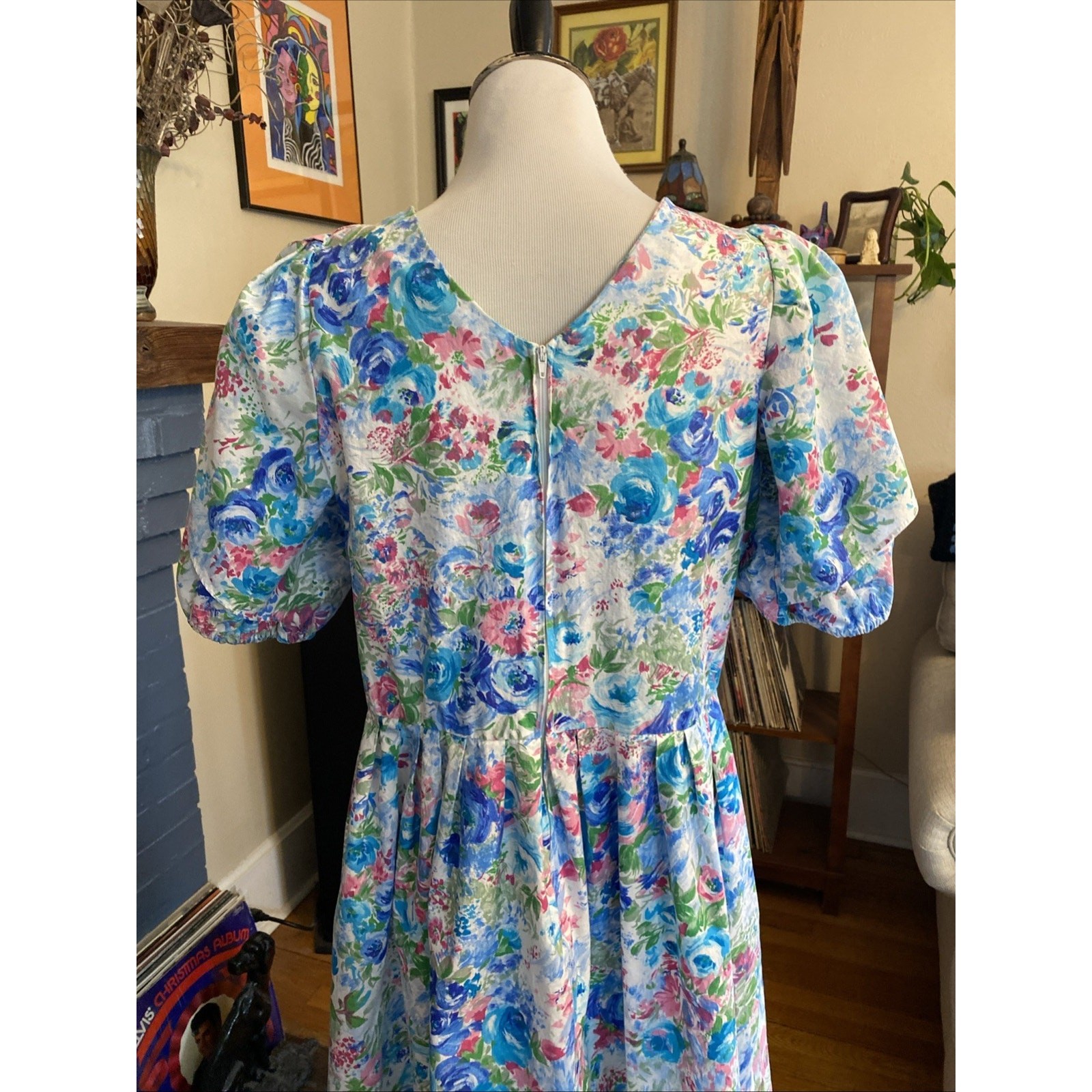 Vintage In Cinq Floral 1980s Tea Dress Puff Sleeve Feminine Midi Cottage 18 L/XL