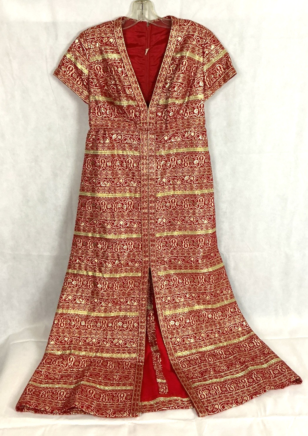 Vintage 60’s Metallic Gold Red Lurex Brocade Hostess Evening Gown