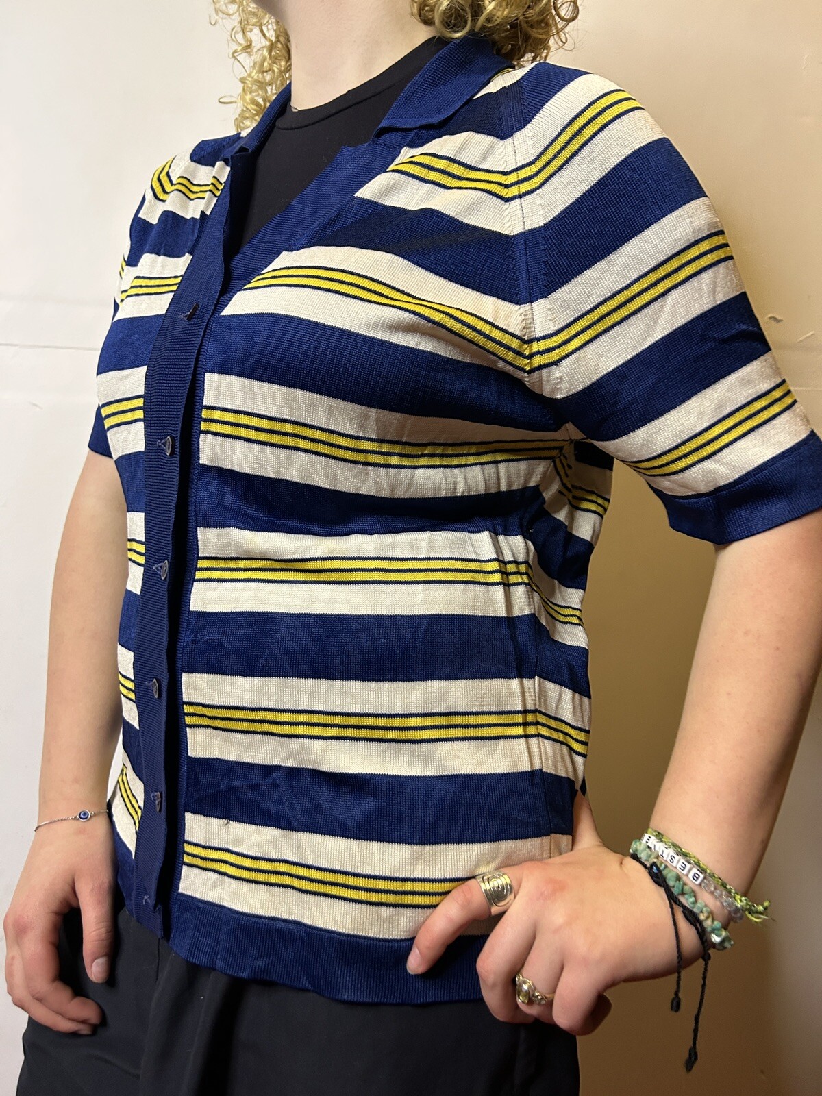 Vintage Australian 70s David Keys Connie Style Cardigan Blue Striped Knit AU 14