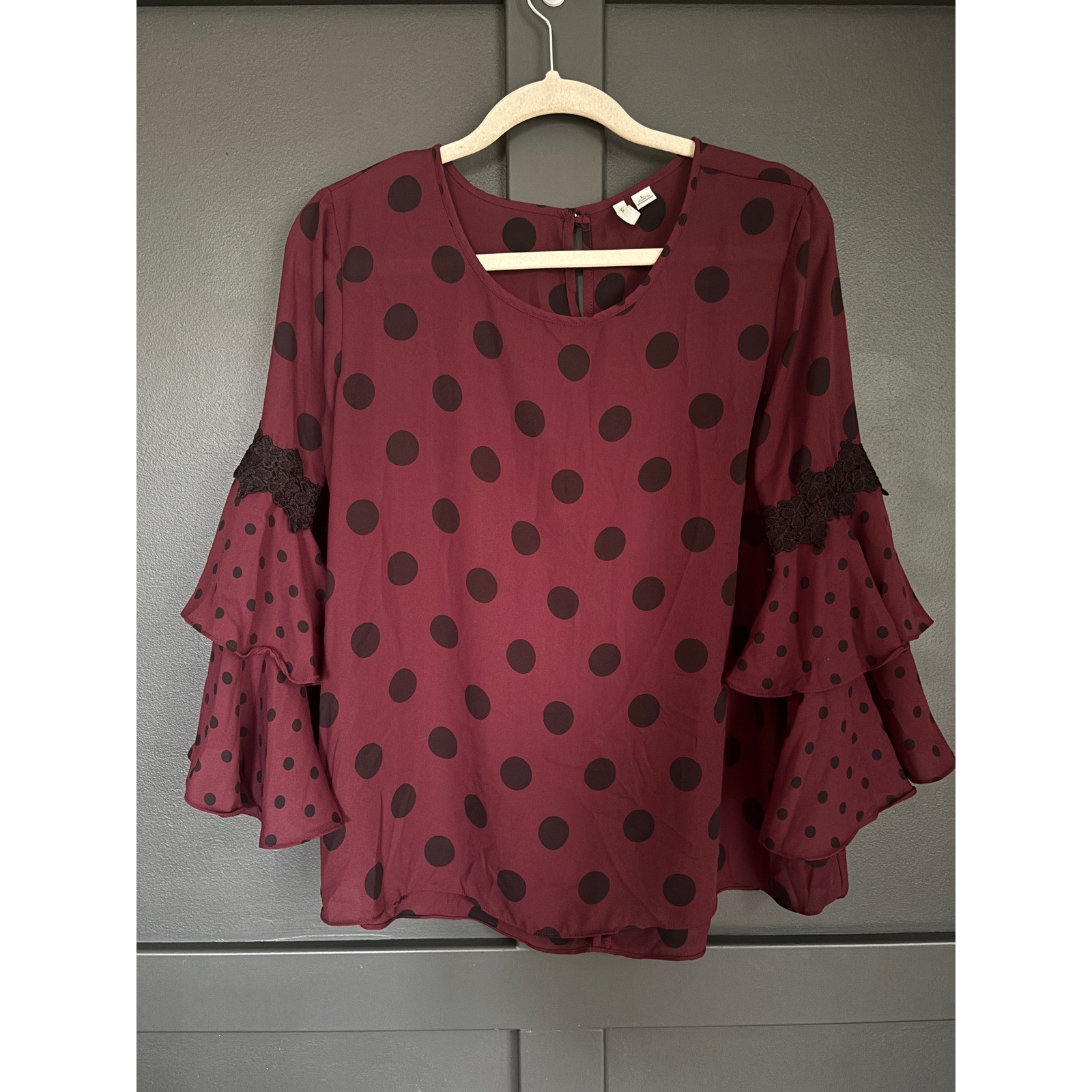 Burgundy Polka Dot Ruffle Sleeve Blouse Large Coquette Romantic Boho Top