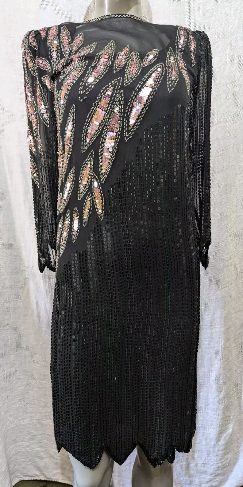 VTG Sho Max Originals Black Pink Silk Beads & Sequins Cocktail Dress PS