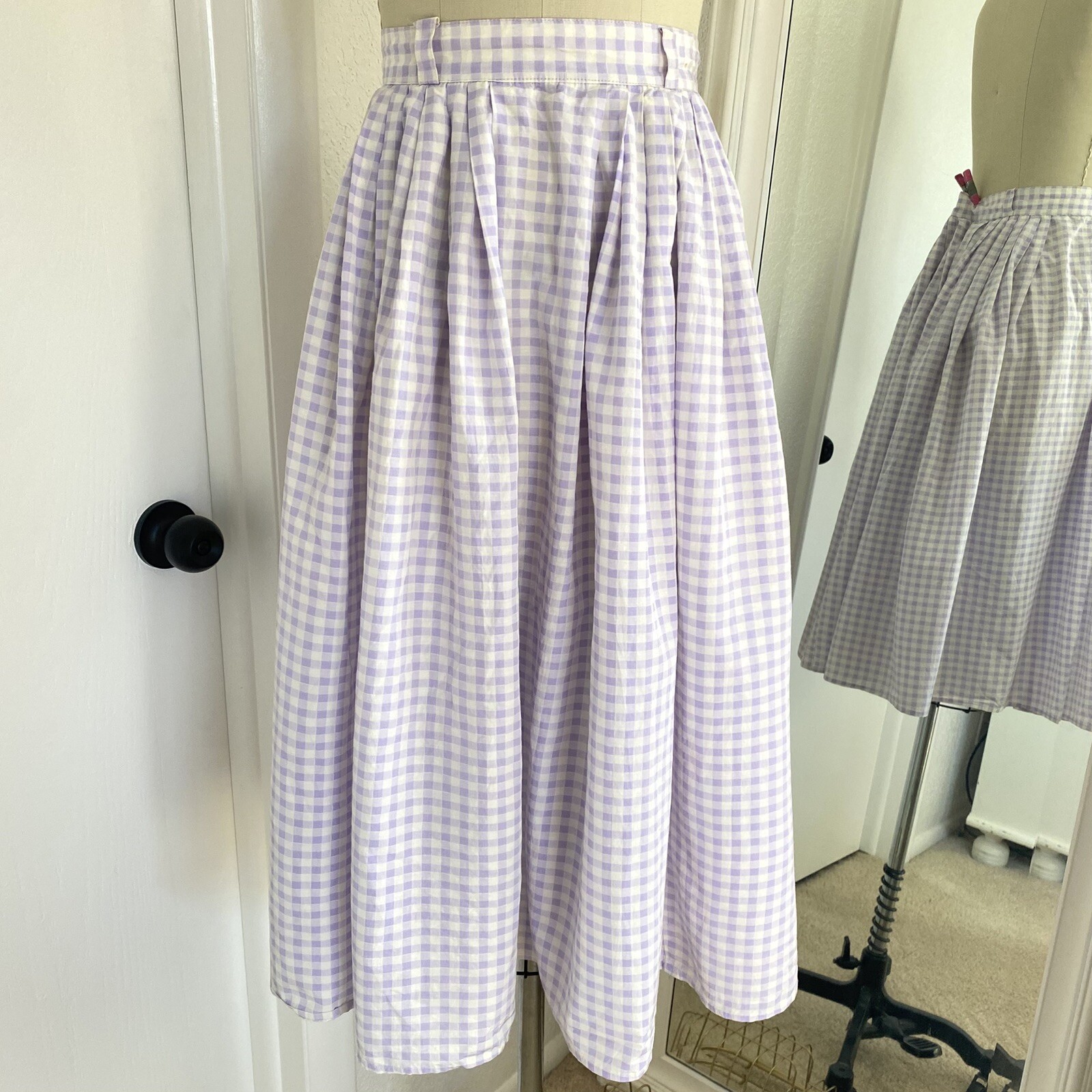 Vintage 50s Lavender Purple Full Gingham Skirt Cute Cottage Core 26″ Waist