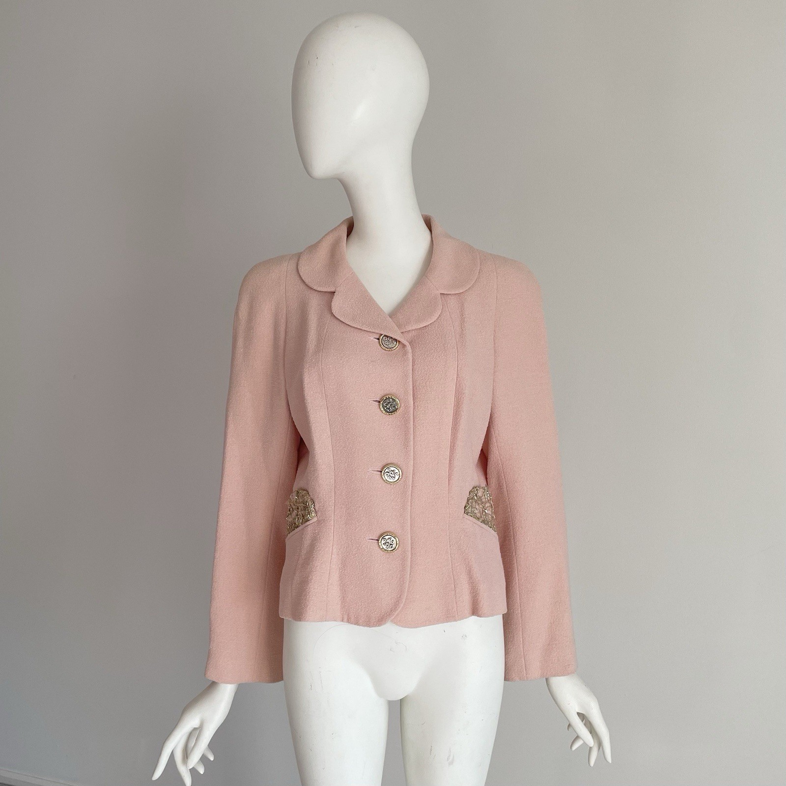 Vintage 1990s Balenciaga Pink Bouclé Jacket Blazer Sequin Gold Silver Size Large