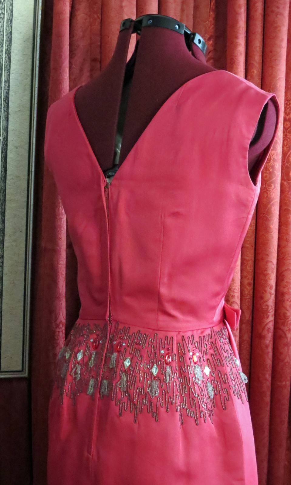 1950s 1960s Hot Pink 100% Silk Beaded Cocktail Party Dress Marjorie Michael S