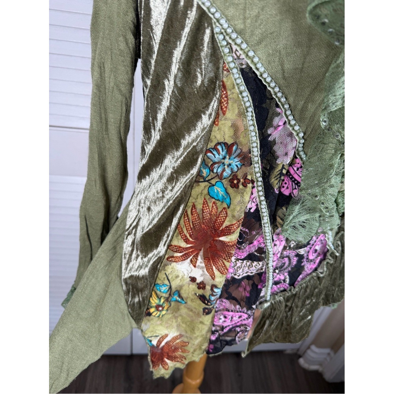 Olive Green Boho Patchwork Lace Tunic Top Fairy Grunge Y2K Boutique