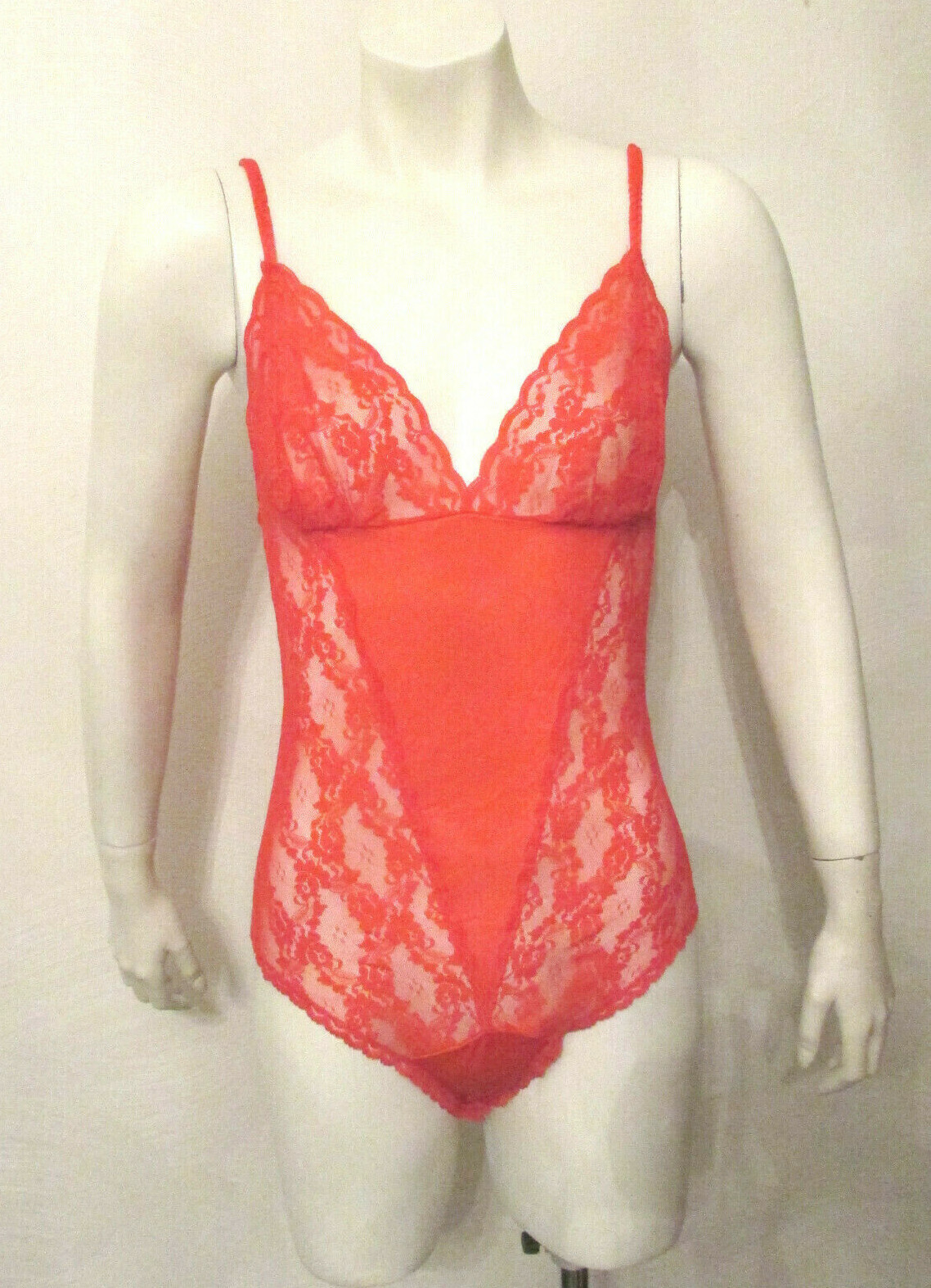 Vtg Chic Lingerie Sheer Red Nylon Lace Trim Hi-Cut Teddy Romper Bodysuit M USA