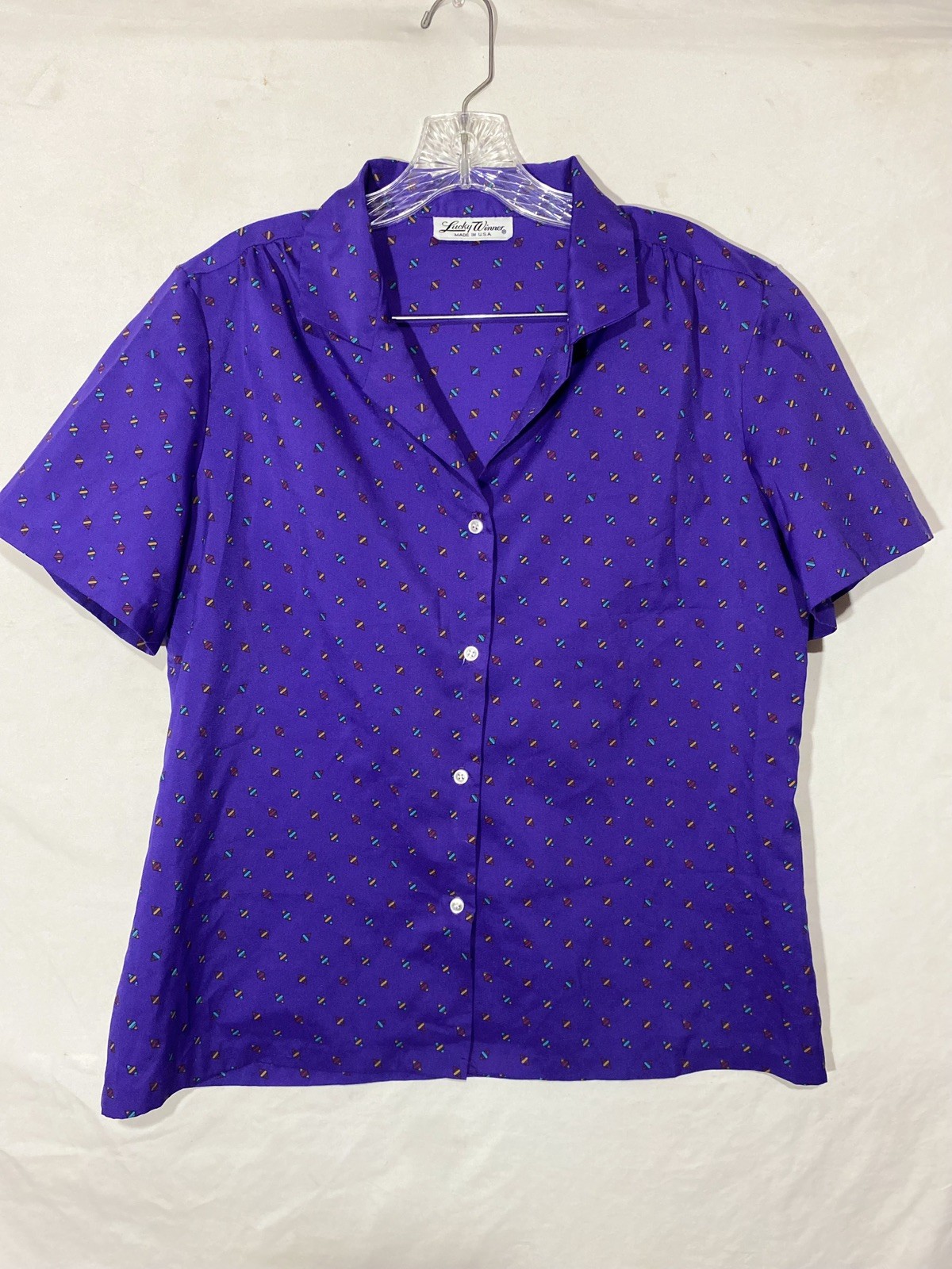 Vintage Lucky Winner Purple Geometric Shape 90s Short Sleeve Top Blouse Large