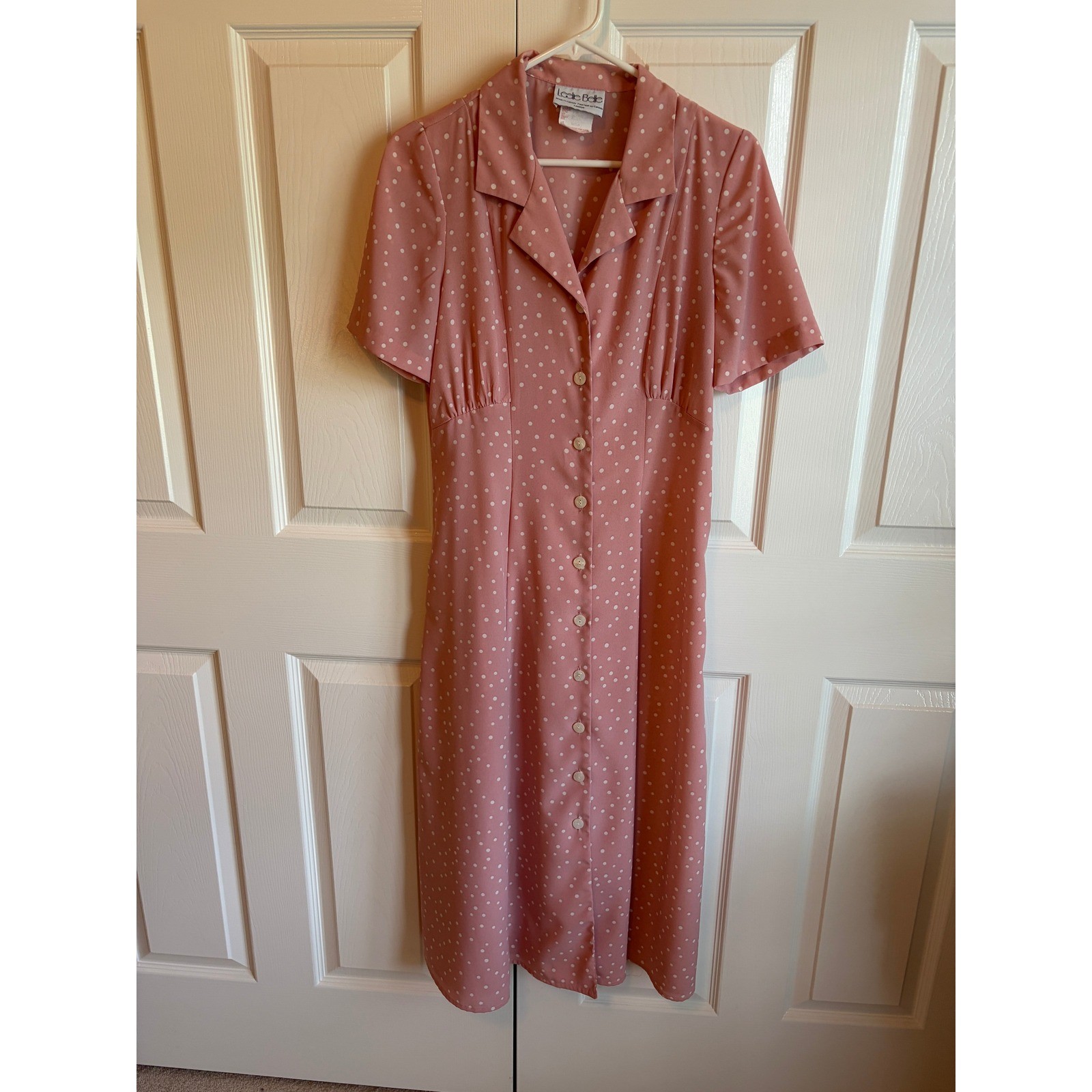 Leslie Belle Vintage Pink Polka Dot Button Front Midi Dress Made in Canada Sz 88