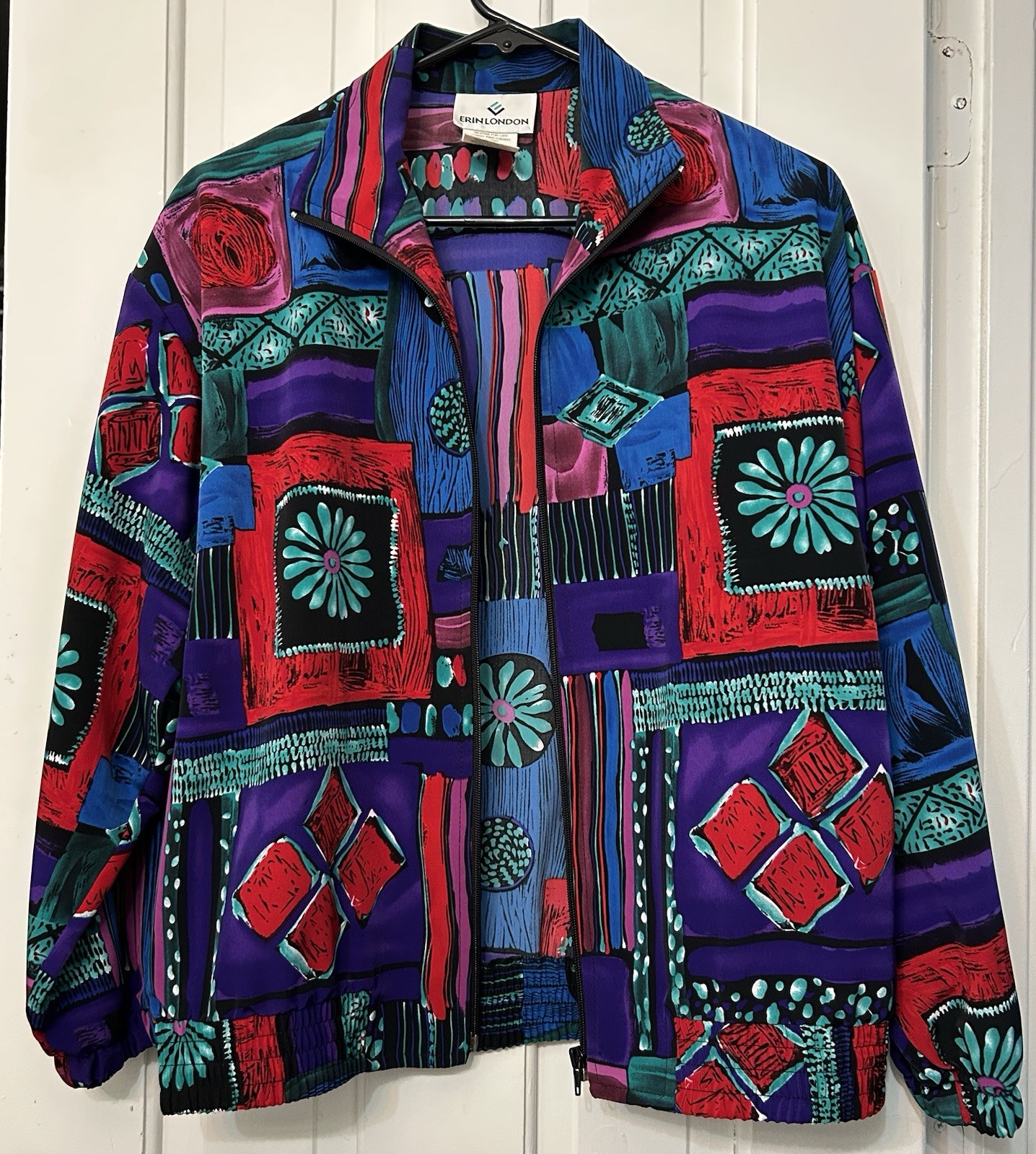 Erin London Petite Small Jacket 100% Polyester Abstract Print Purple Red Blue