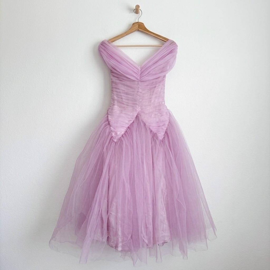 Vintage Lilac Tulle Off Shoulder Tea Length Party Dress Ruched 50s 24 Waist