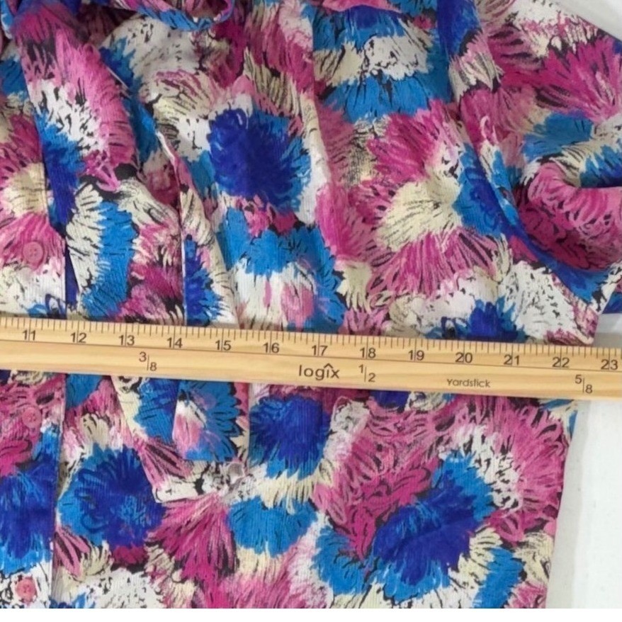 Steven Barry Blouse 16 Pink Blue Abstract Floral Tie Neck Vintage 80s Secretary
