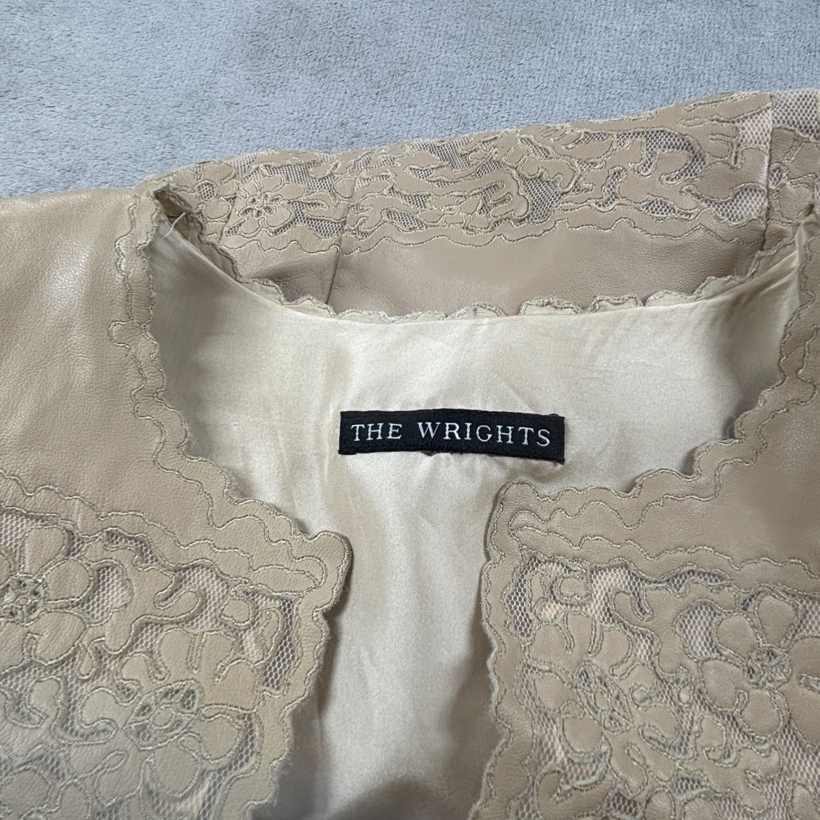 VTG The Wrights Coat Lace Dress Womens Small Tan Leather Scalloped Hem Outdoor