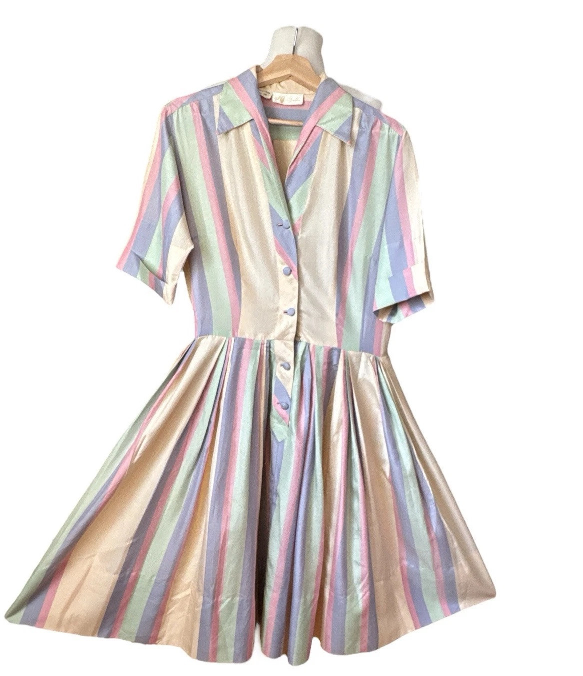 Vtg Miss Serbin Pastel Stripe Shirt Dress Pockets Size 16 Pink Purple Green 28”