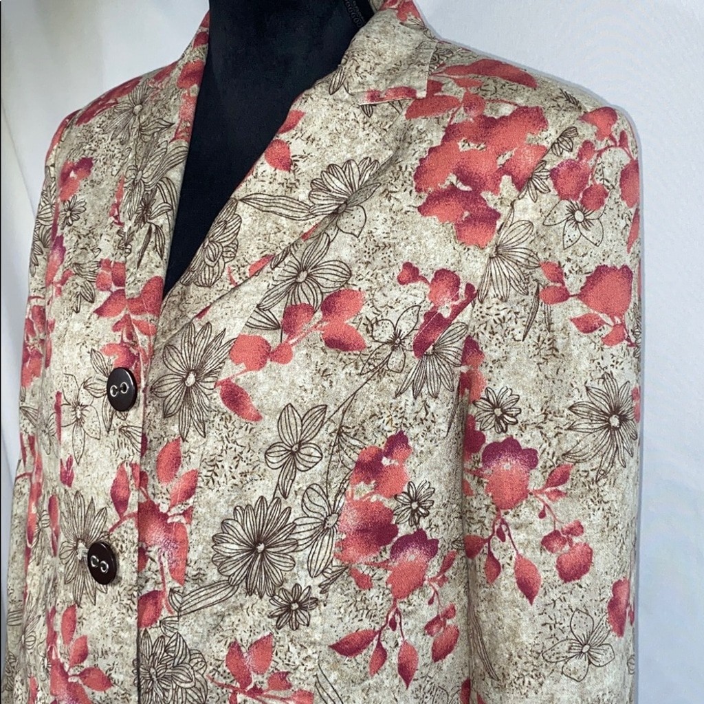 RQT Vintage Floral Blazer Jacket Womens Size 14 Linen Blend Tan Pink Boho Lined