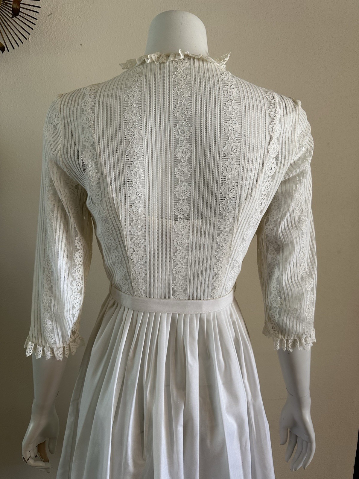 1960s 70s Judy Rhodes Victorian Revival Pleated Lace Dress Prairie Romantic VTG
