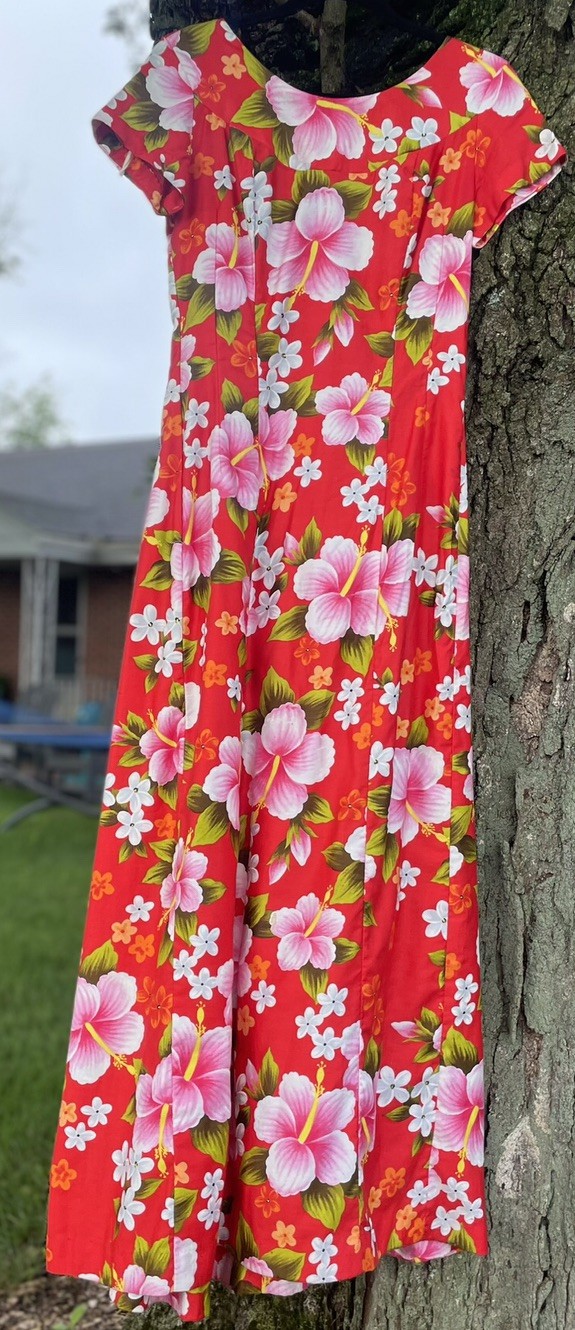 Vintage Ui Maikai Hawaiian Maxi Dress RED PINK HIBISCUS back pleats size XS 10