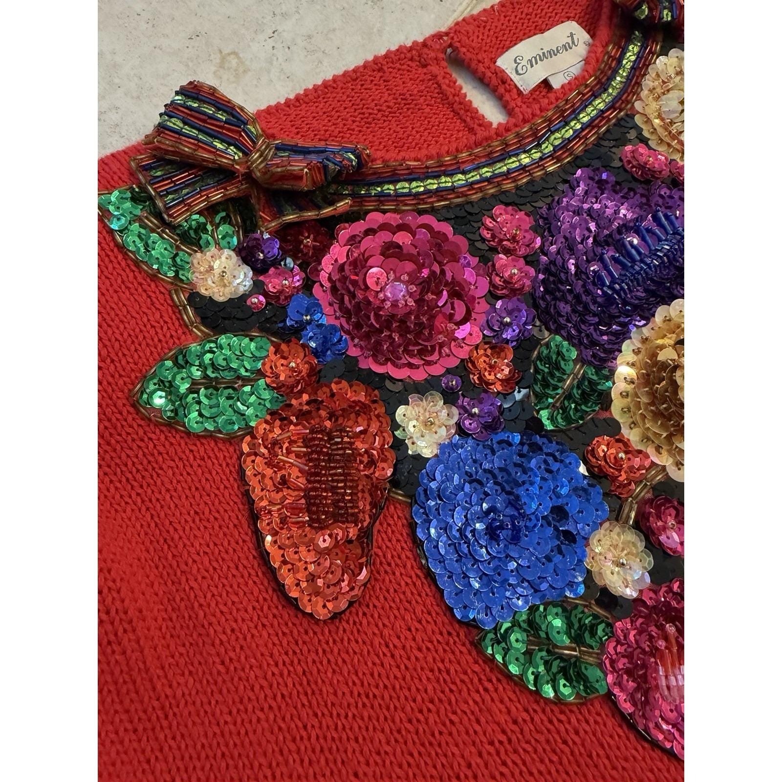 Vintage Eminent 80s Beaded Sweater S Red 3D Sequin Floral Statement Glam Top