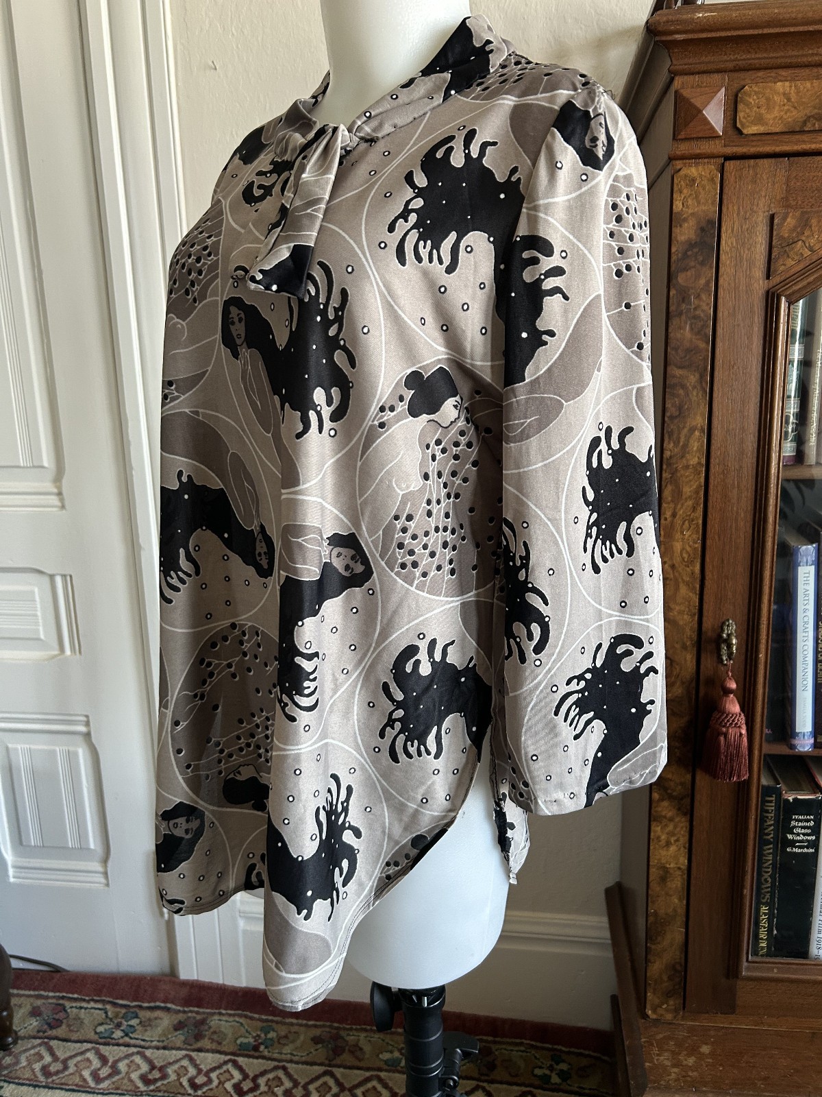 RARE 60s Vintage Handmade Psychedelic Gray Water Nymph Nouveau Mod Tunic Top -M