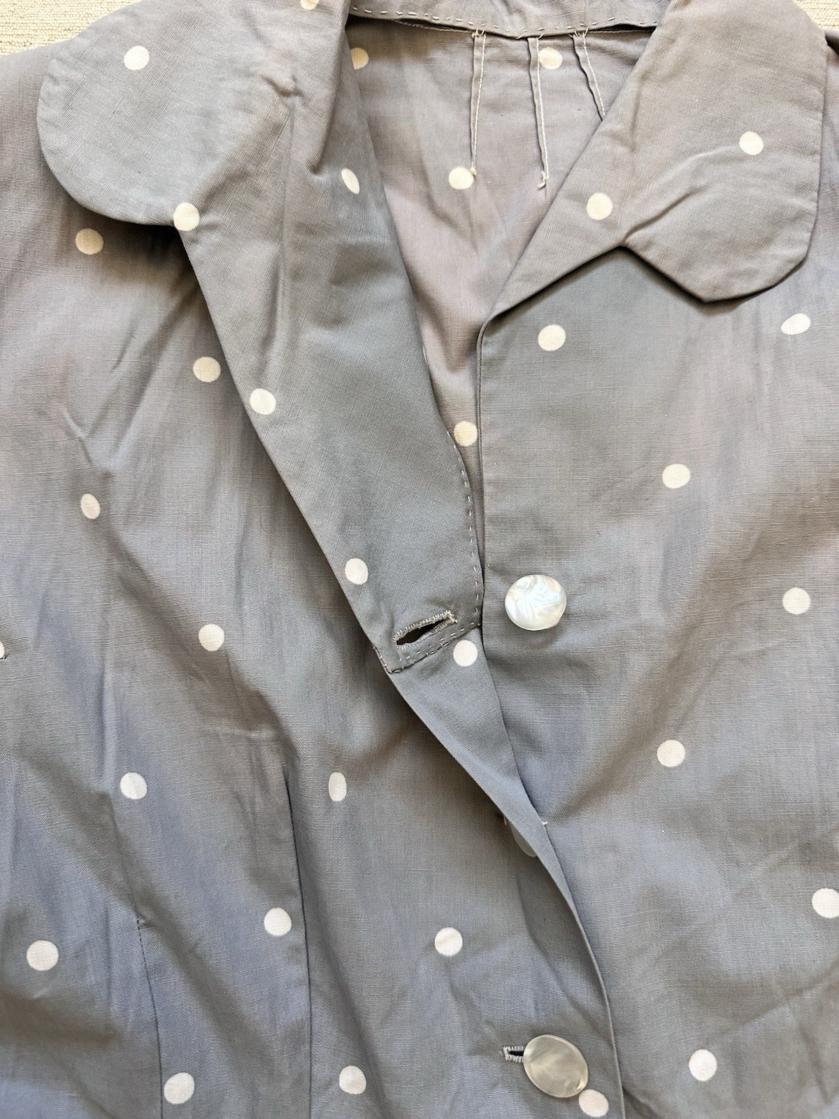 1950s Vintage Handmade French Cotton Farm Chore Dress Polkadot Grey Faded Small