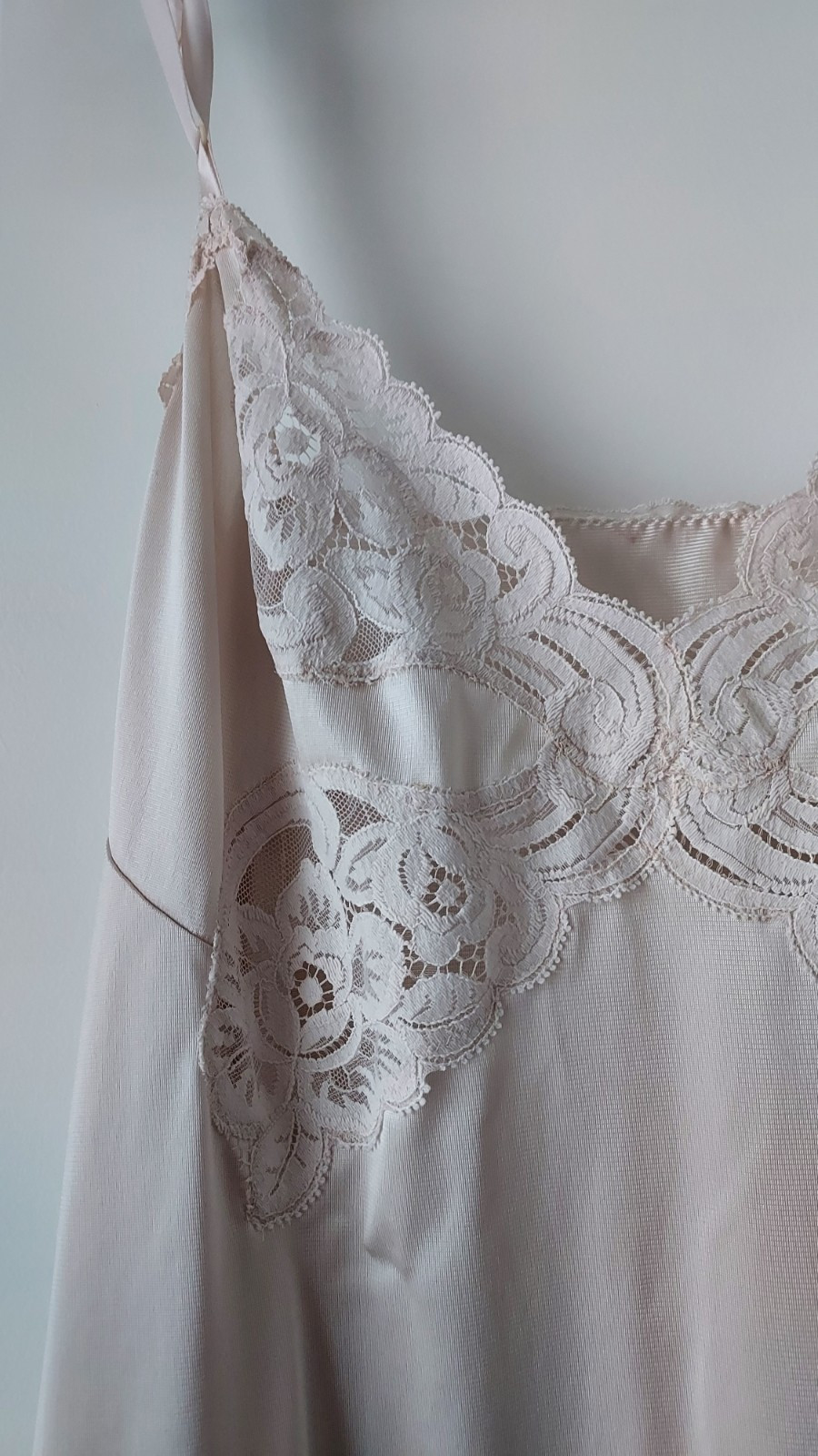 Vintage Slip Chemise Vanity Beige Ecru Nylon Antron III Lace Trim 36 Coquette