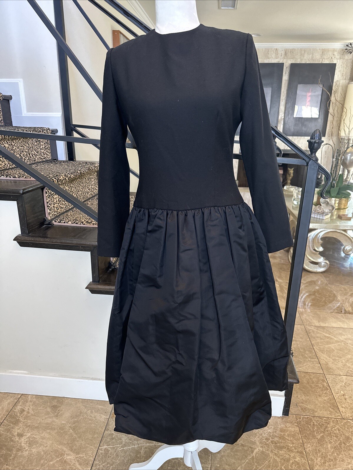 William Pearson 80s Black Wool Drop Waist Stiff Satin Balloon Skirt Dress Size 6