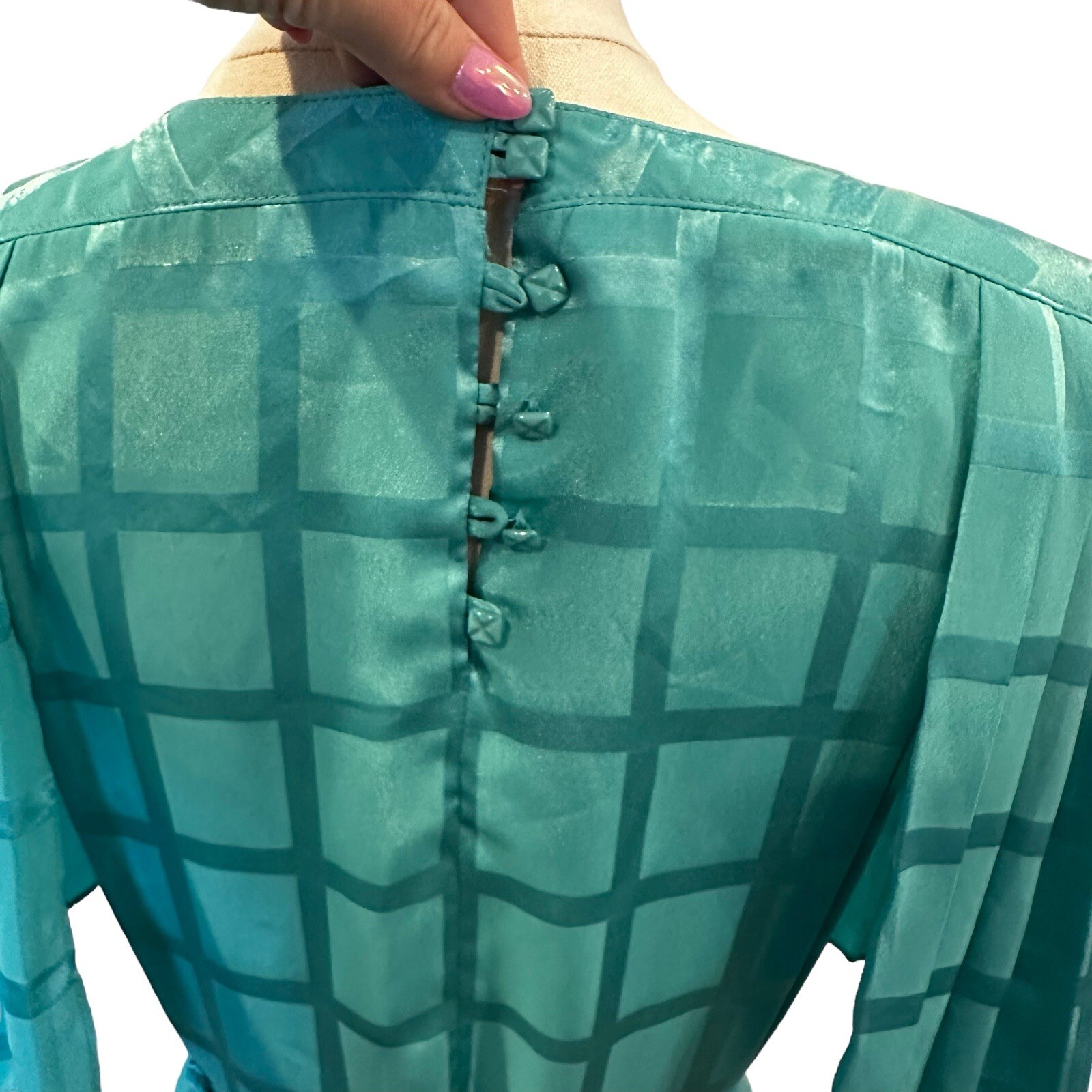 Vintage Teal Blue Windowpane Satin Midi Dress Pleated Flutter Sleeve Belted M