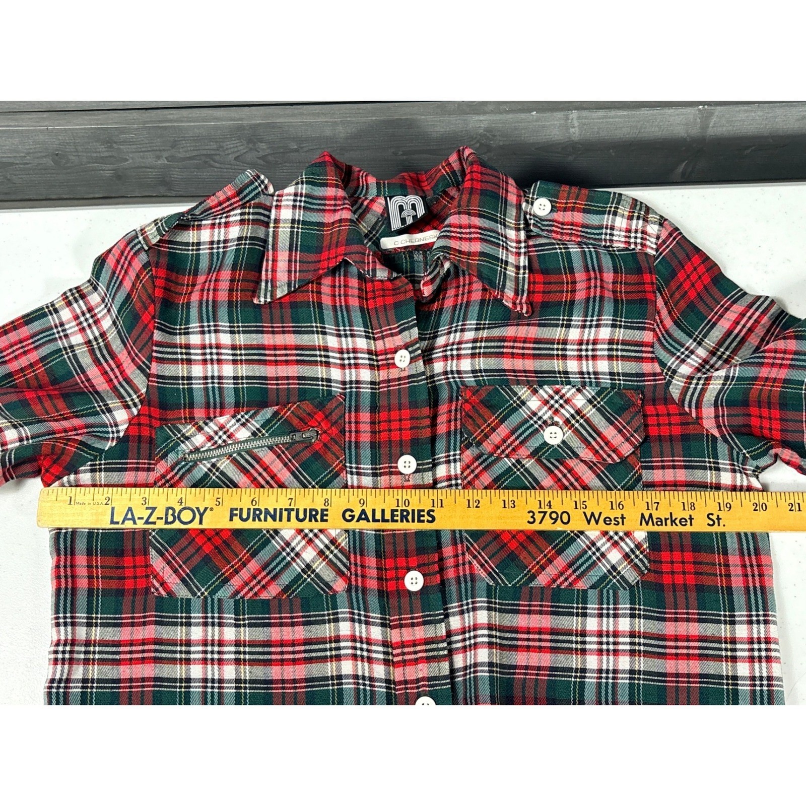 Vintage 70s Rockabilly Plaid Button Down Shirt Red Epaulets Zip Pocket Womens M