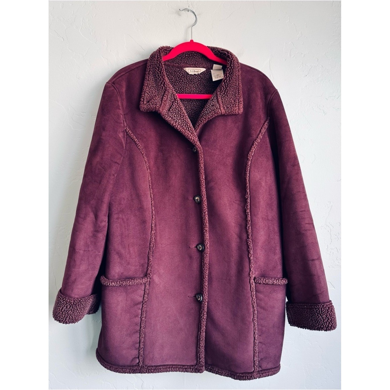 Vintage L.L. Bean Women Burgundy Faux Suede Sherpa Lined Coat Jacket Size XL EUC