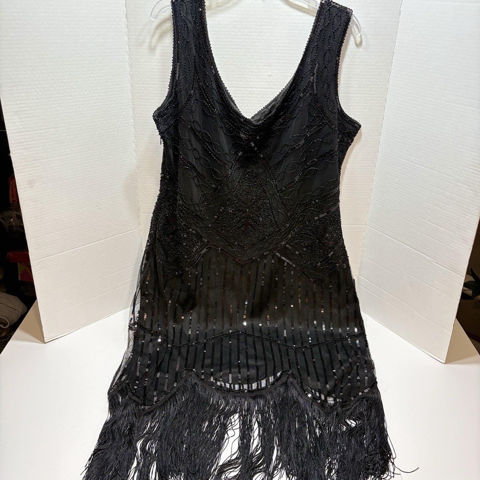 Black Sequin Beaded Flapper Dress Gatsby Fringe Mesh Cocktail Party Dress 3XL
